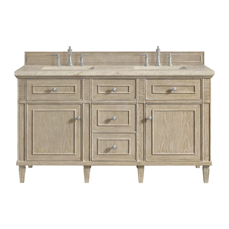 Lorelai 60" Double Vanity, Whitewashed Oak, w/ 3 CM Tajnar Eclos Top w/FreePower Wireless Charger