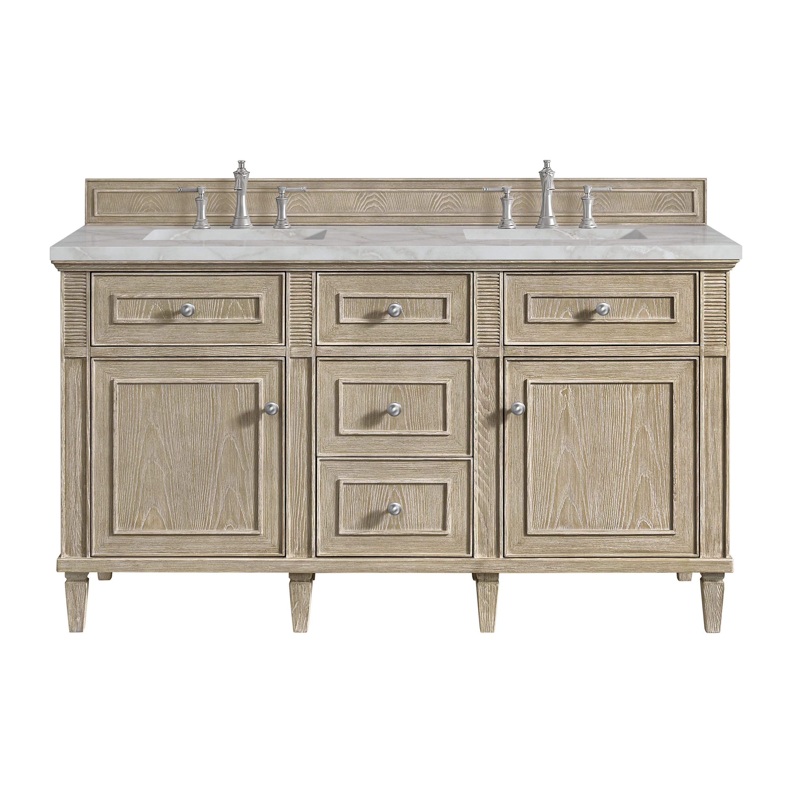 Lorelai 60" Double Vanity, Whitewashed Oak w/ 3 CM Victorian Silver Silestone Top w/FreePower Wireless Charger