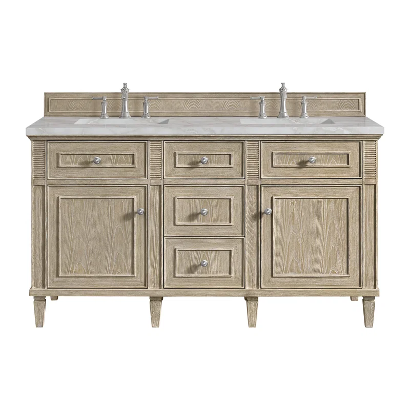 Lorelai 60" Double Vanity, Whitewashed Oak w/ 3 CM Victorian Silver Silestone Top w/FreePower Wireless Charger