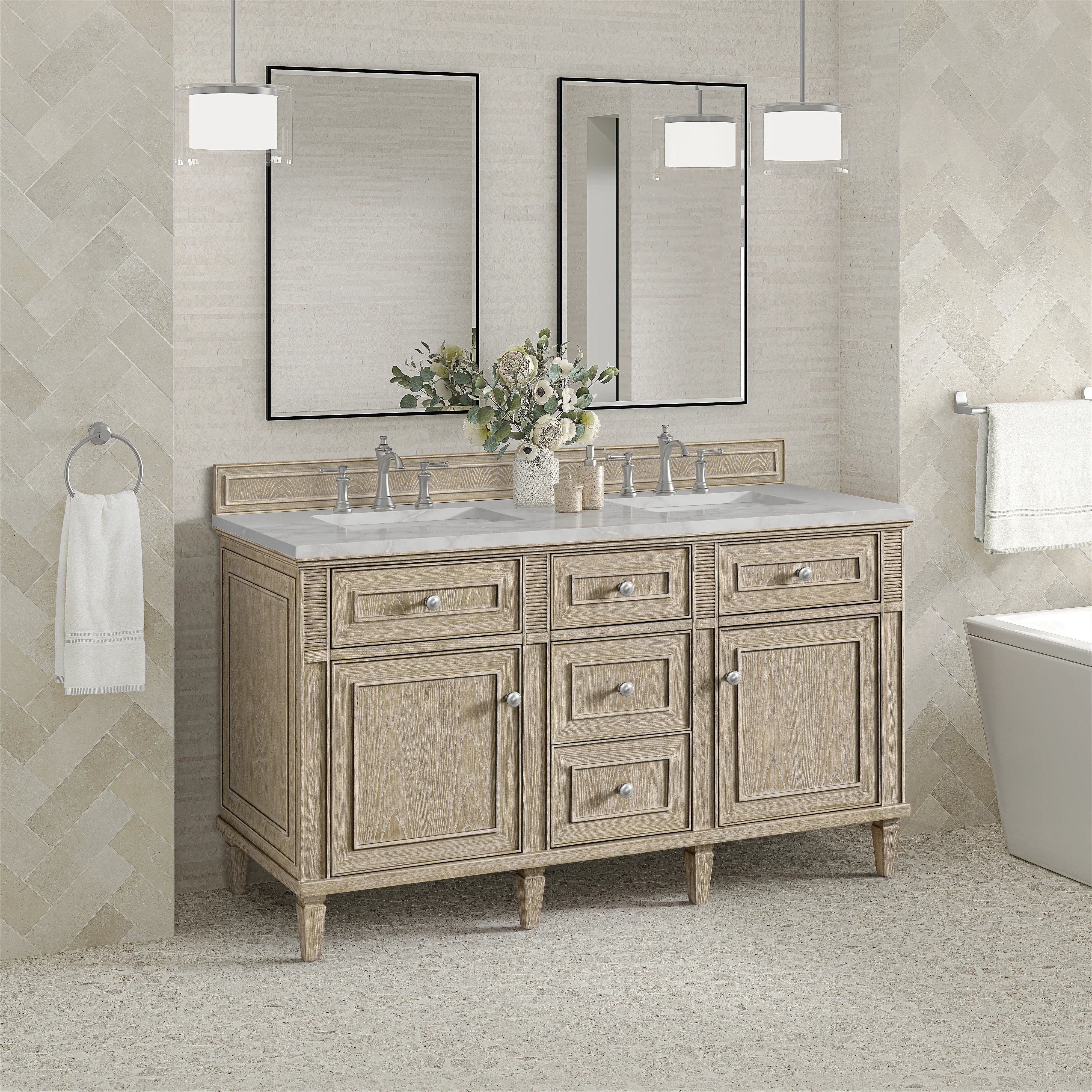 Lorelai 60" Double Vanity, Whitewashed Oak w/ 3 CM Victorian Silver Silestone Top w/FreePower Wireless Charger