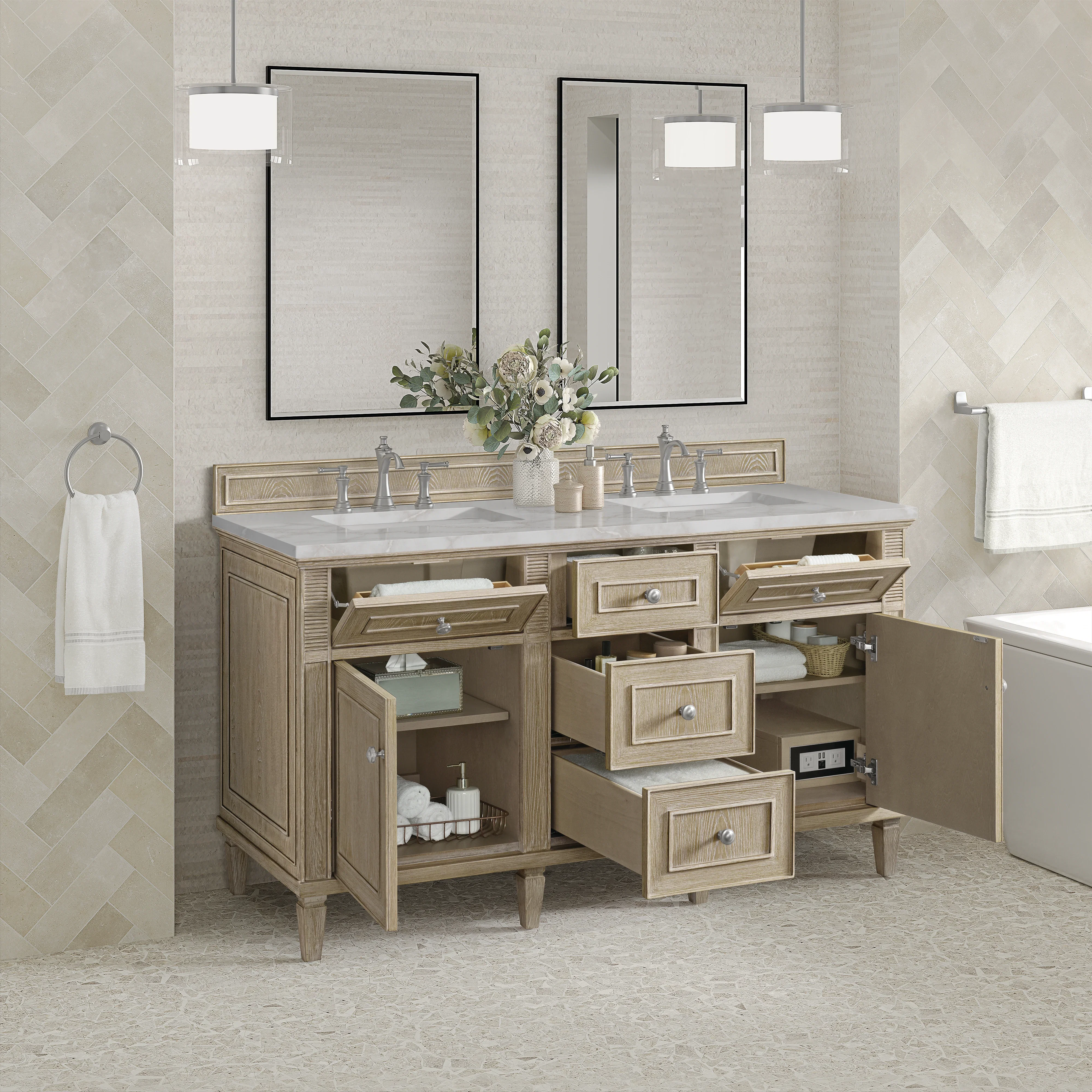 Lorelai 60" Double Vanity, Whitewashed Oak w/ 3 CM Victorian Silver Silestone Top w/FreePower Wireless Charger