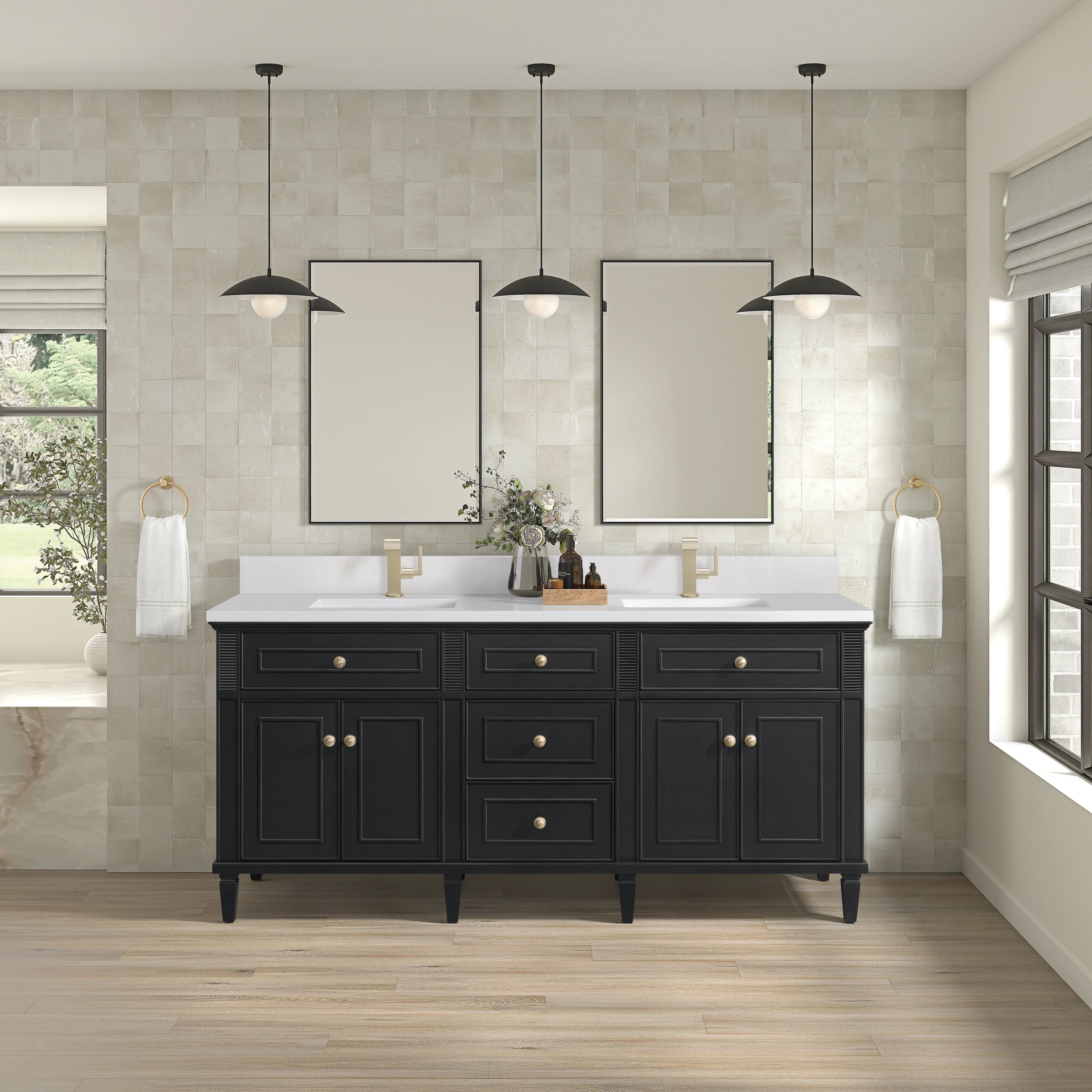 Lorelai 72" Double Vanity, Black Onyx w/ Single Hole 3 CM White Zeus Silestone Top & Backsplash
