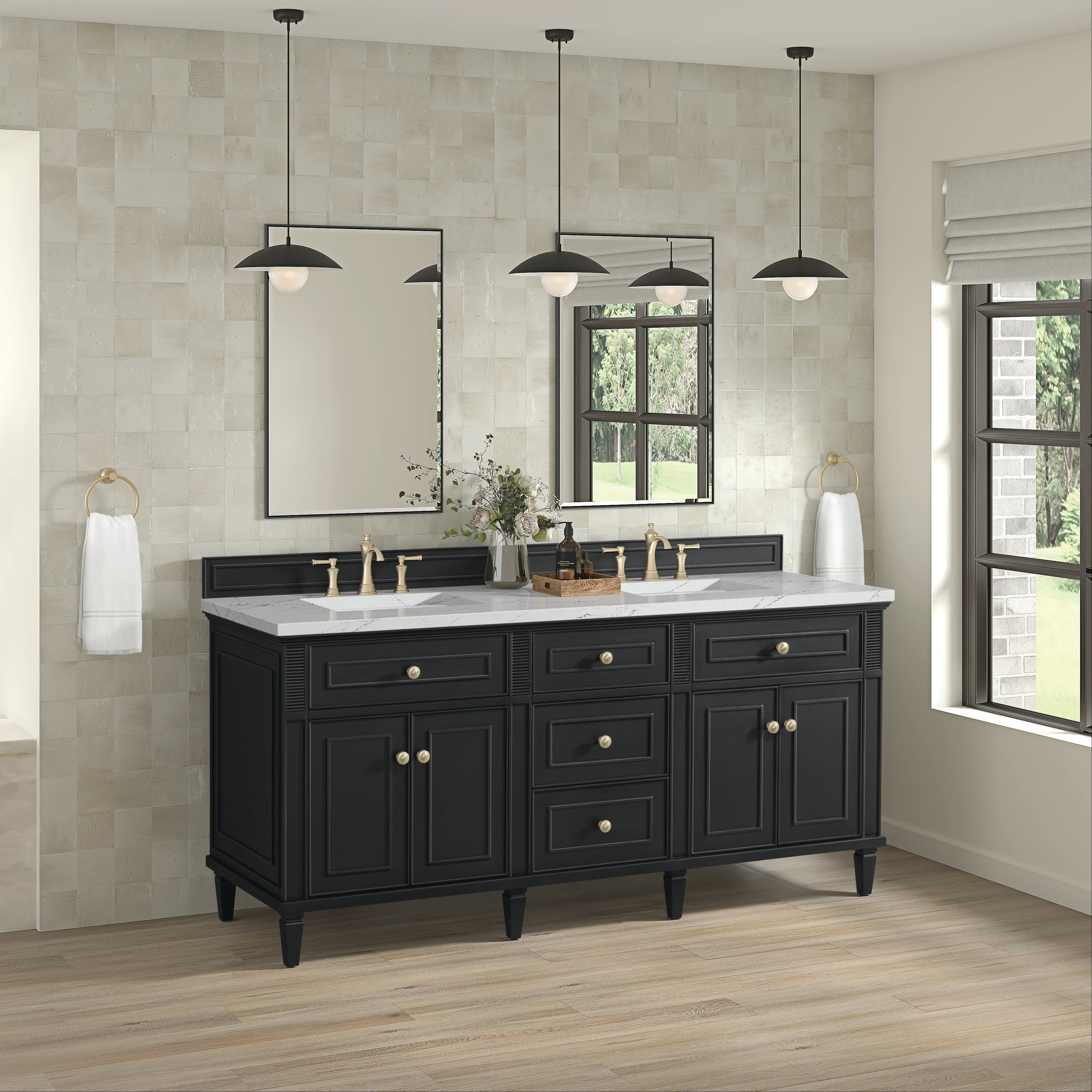 Lorelai 72" Double Vanity, Black Onyx w/ 3 CM Ethereal Noctis Silestone Top