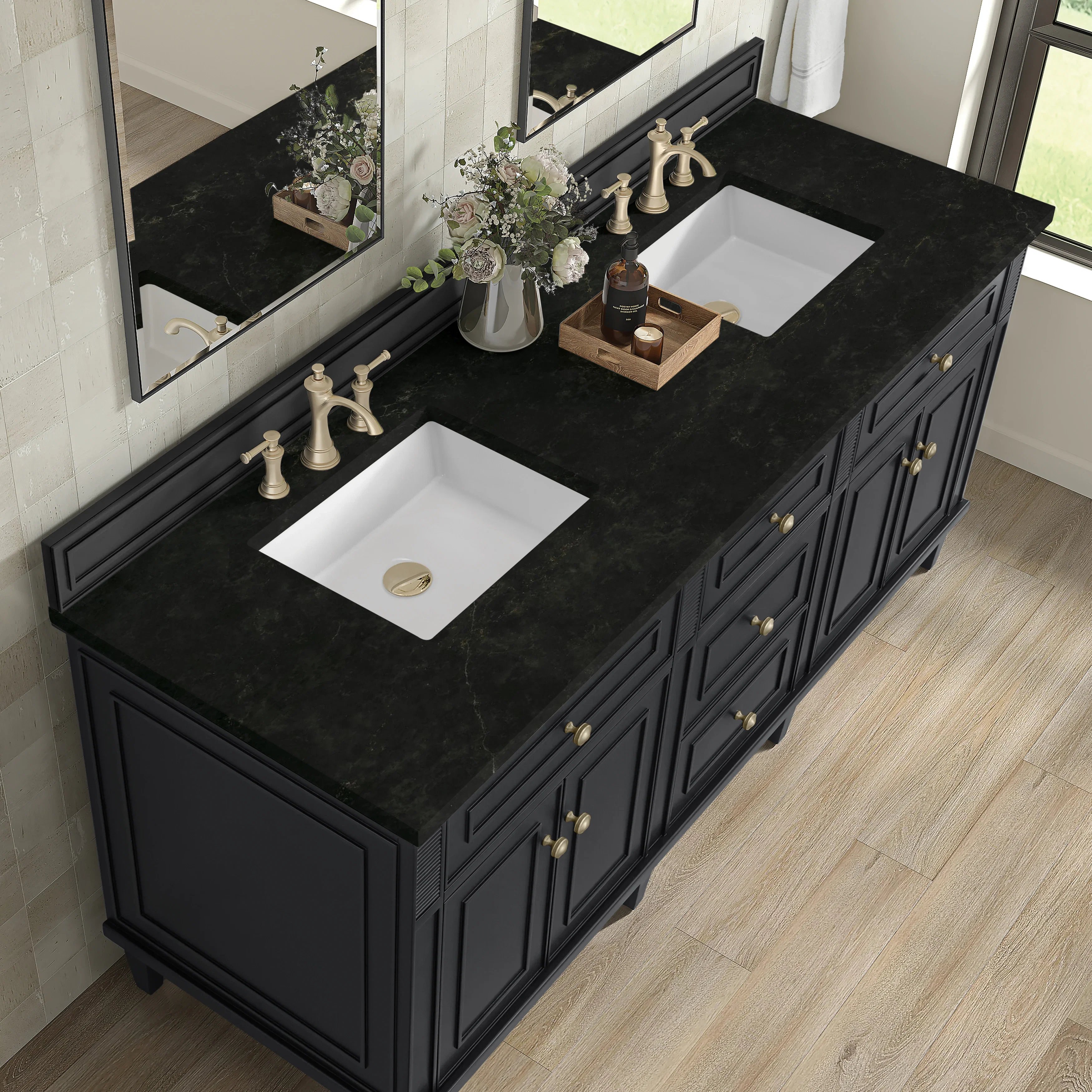 Lorelai 72" Double Vanity, Black Onyx, w/ 3 CM Phantome Eclos Top