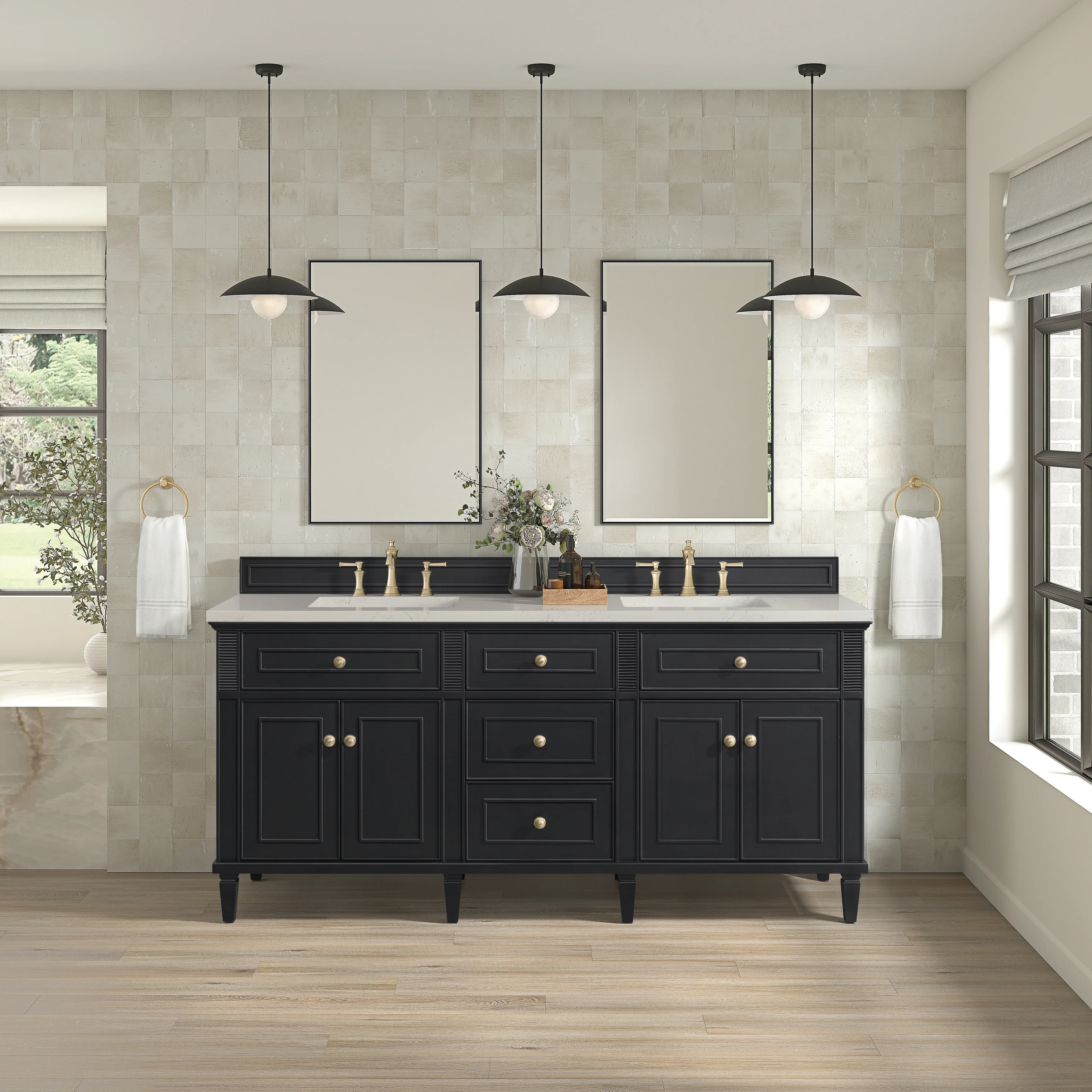 Lorelai 72" Double Vanity, Black Onyx, w/ 3 CM Siberian Silestone Top