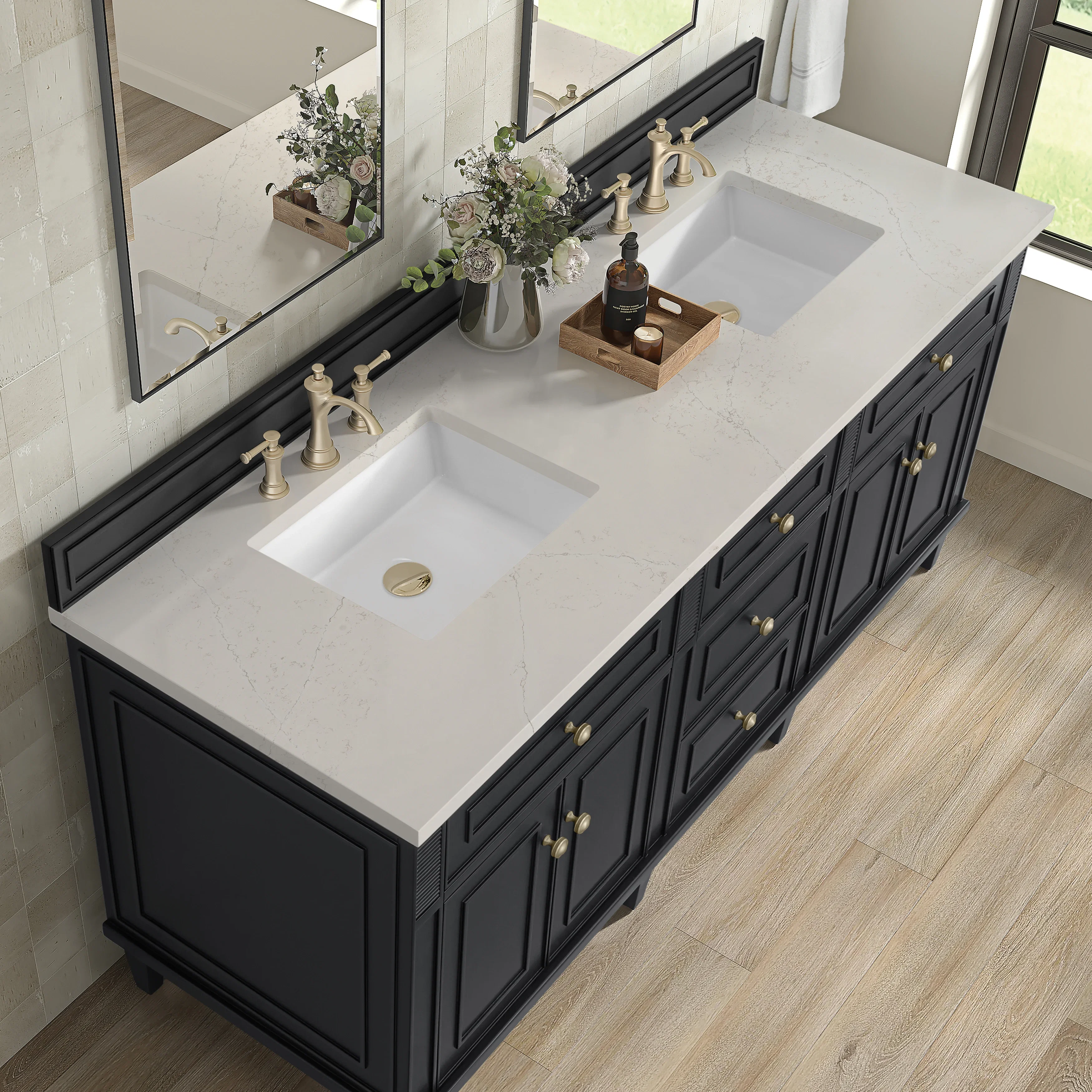 Lorelai 72" Double Vanity, Black Onyx, w/ 3 CM Siberian Silestone Top