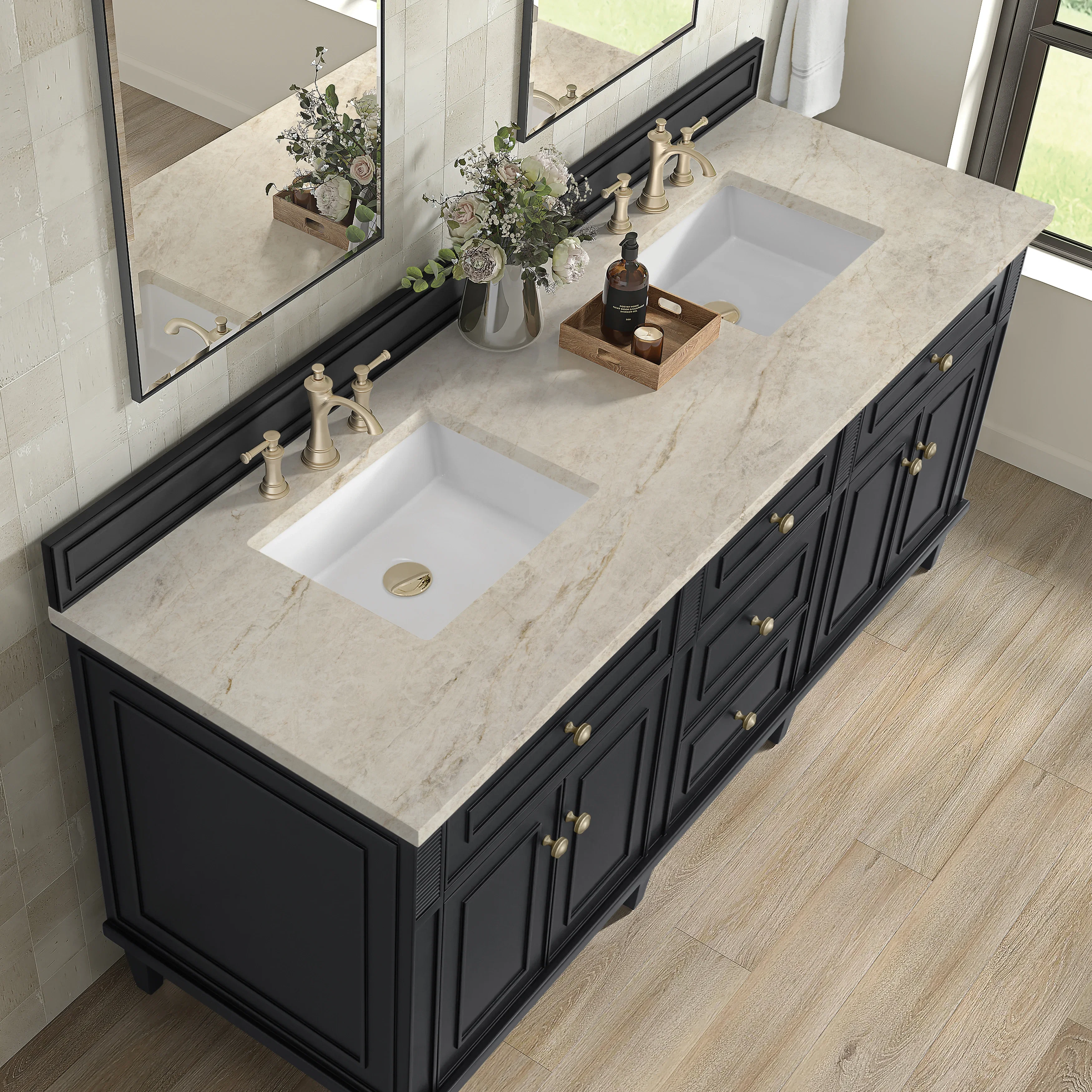 Lorelai 72" Double Vanity, Black Onyx, w/ 3 CM Tajnar Eclos Top