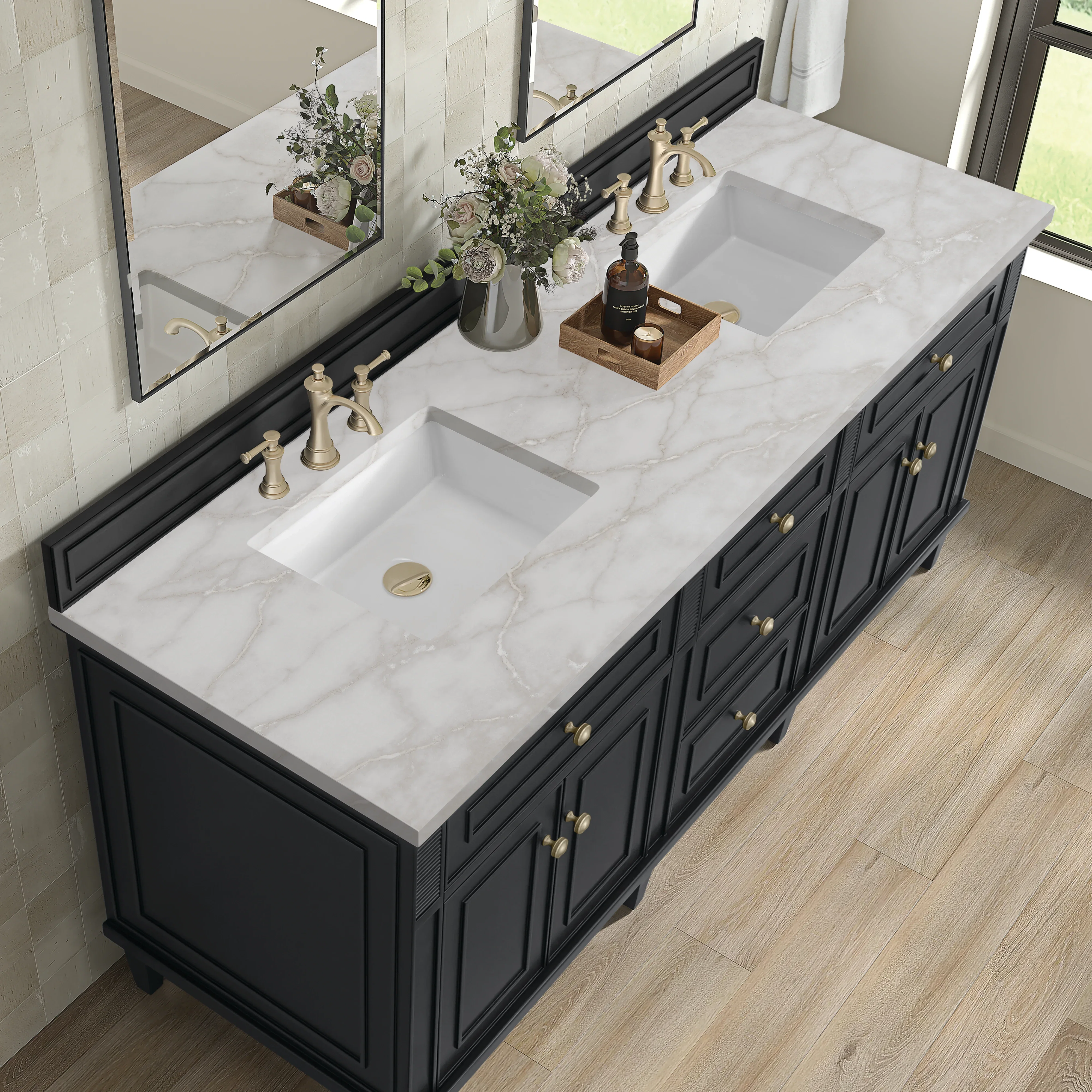 Lorelai 72" Double Vanity, Black Onyx w/ 3 CM Victorian Silver Silestone Top