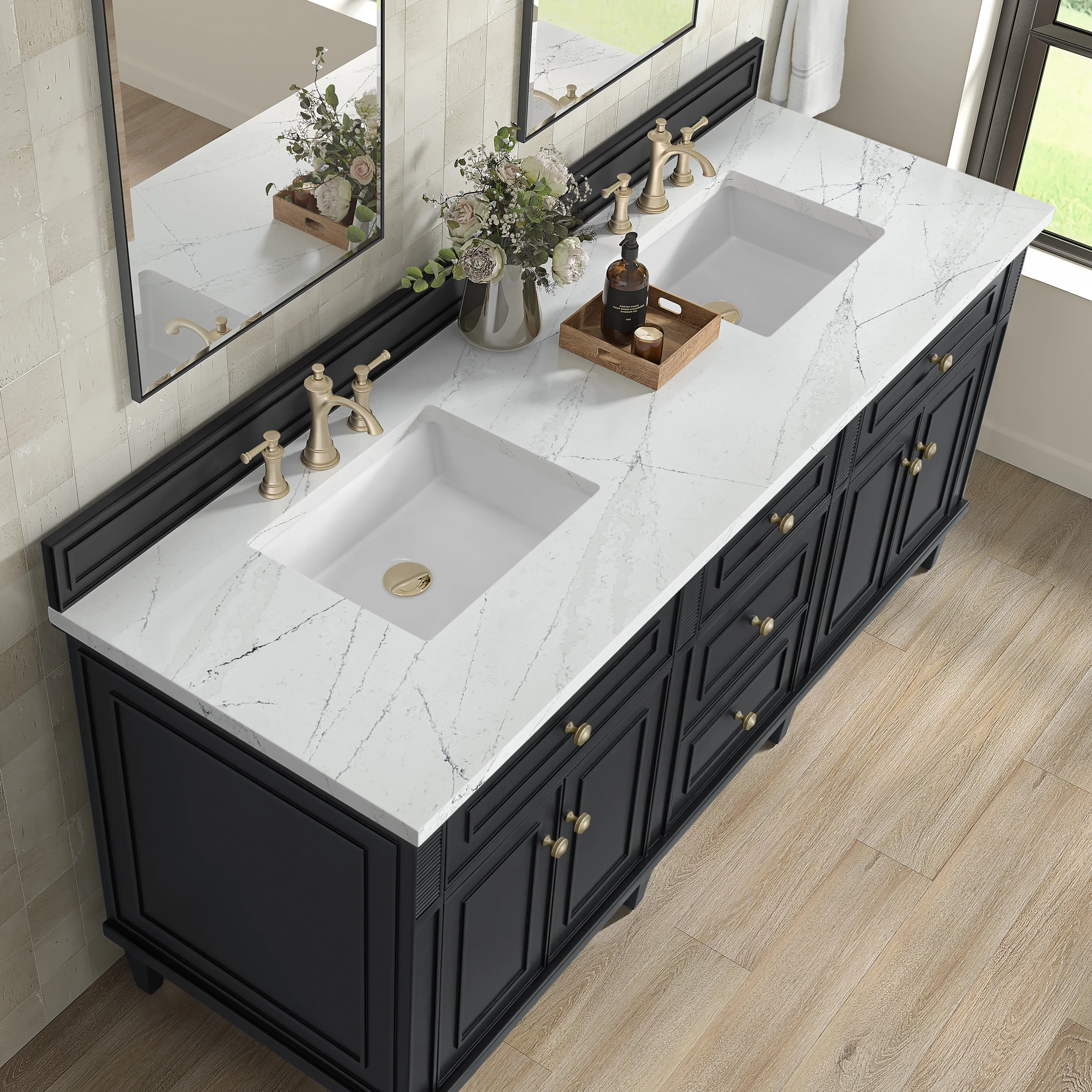 Lorelai 72" Double Vanity, Black Onyx w/ 3 CM White Zeus Silestone Top