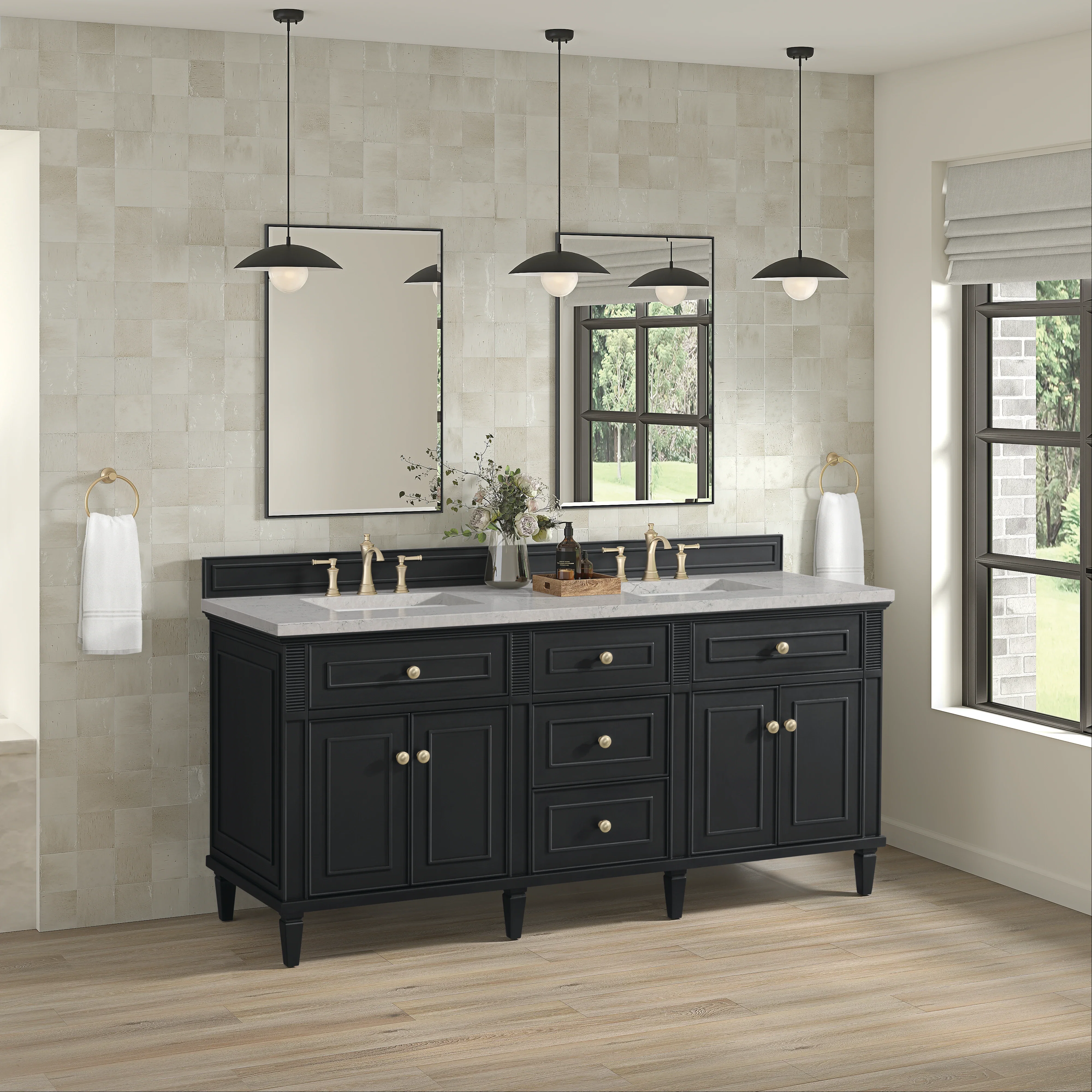 Lorelai 72" Double Vanity, Black Onyx w/ 3 CM Eternal Jasmine Pearl Silestone Top w/FreePower Wireless Charger