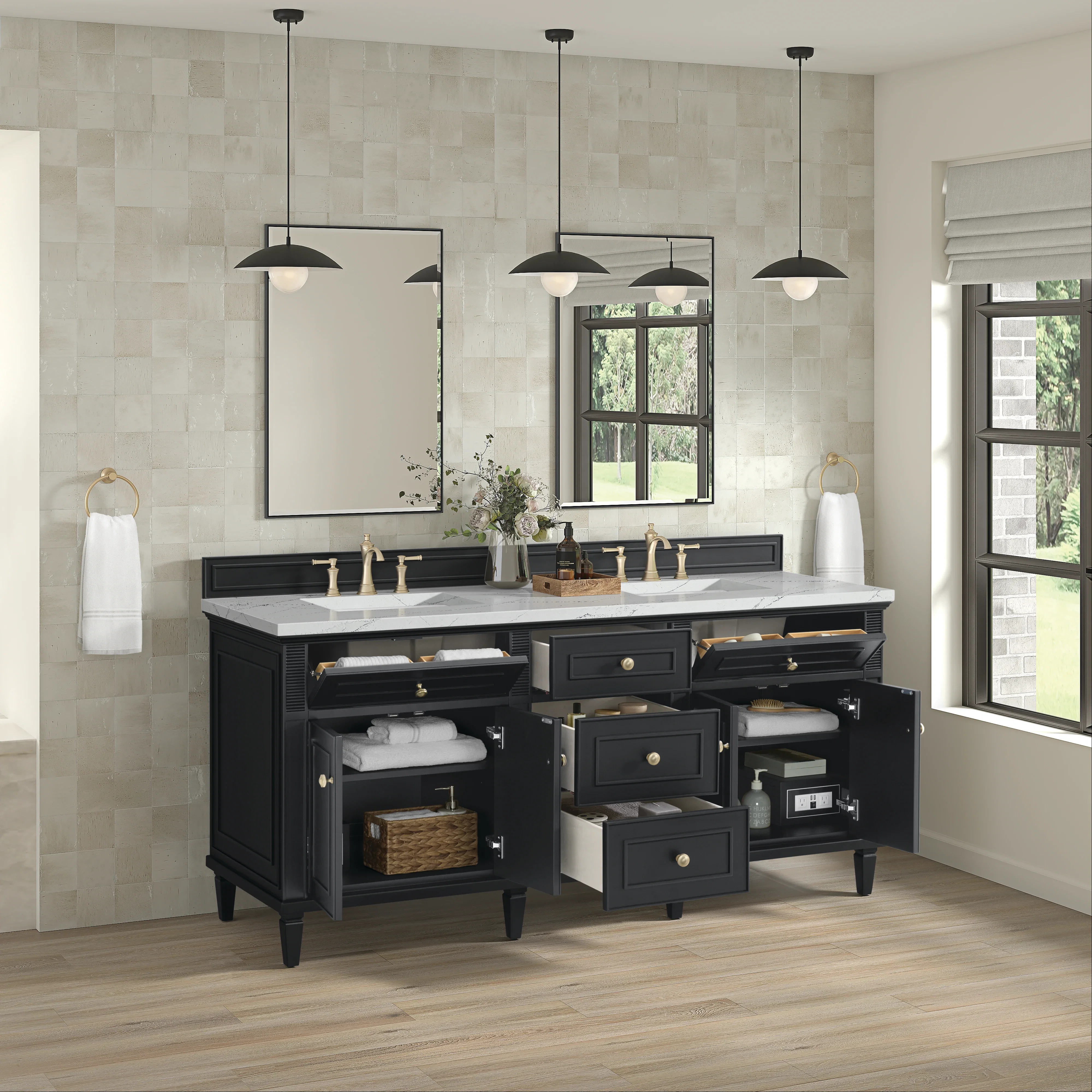 Lorelai 72" Double Vanity, Black Onyx w/ 3 CM Ethereal Noctis Silestone Top w/FreePower Wireless Charger