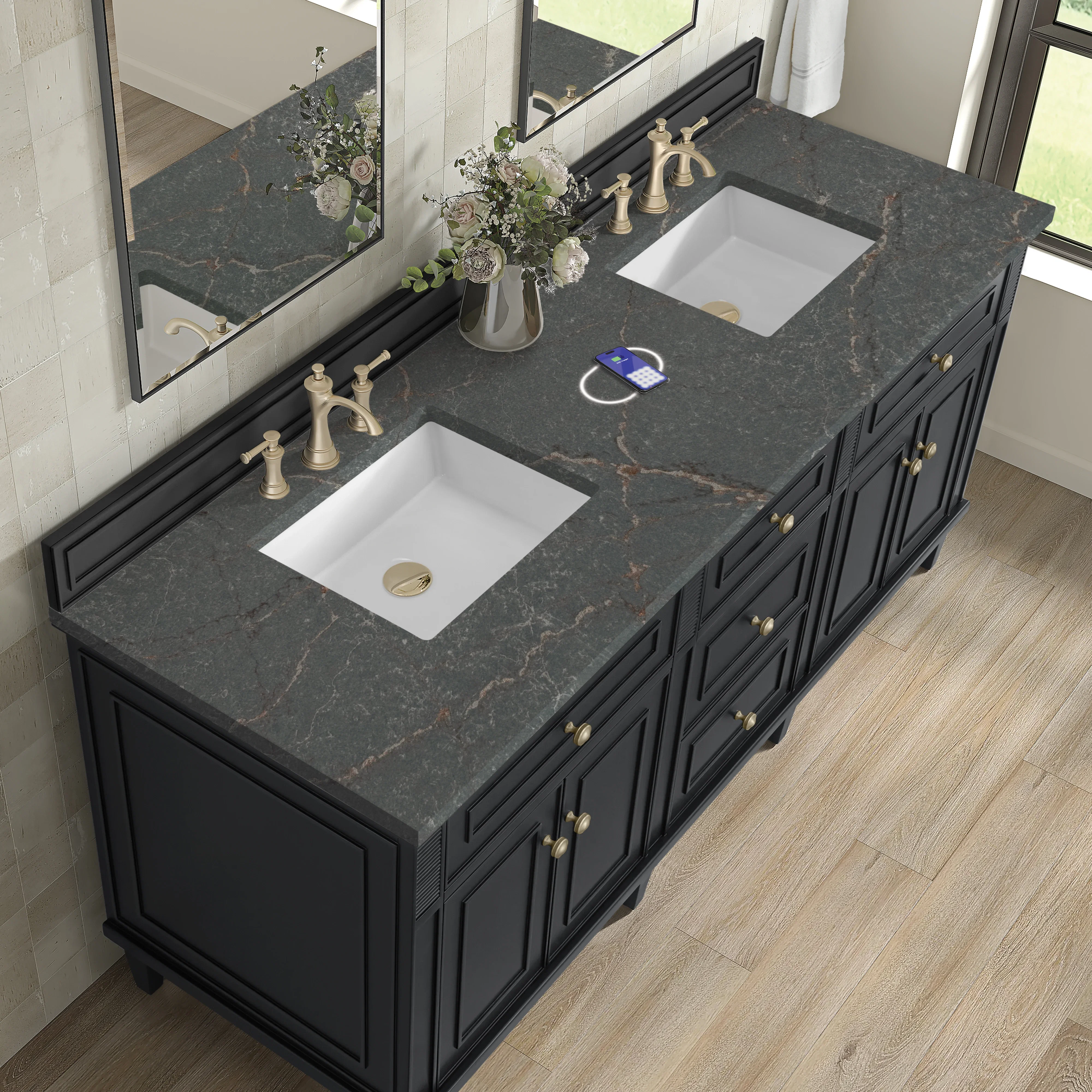 Lorelai 72" Double Vanity, Black Onyx w/ 3 CM Parisien Bleu Silestone Top w/FreePower Wireless Charger
