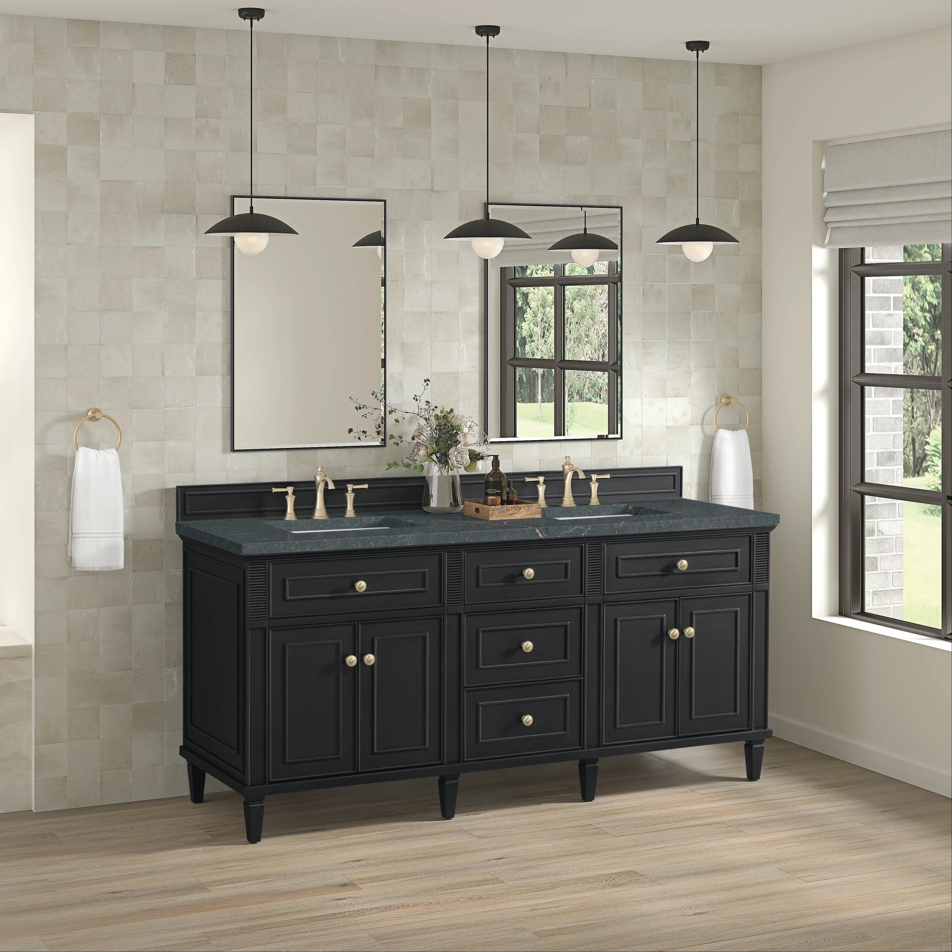 Lorelai 72" Double Vanity, Black Onyx w/ 3 CM Parisien Bleu Silestone Top w/FreePower Wireless Charger