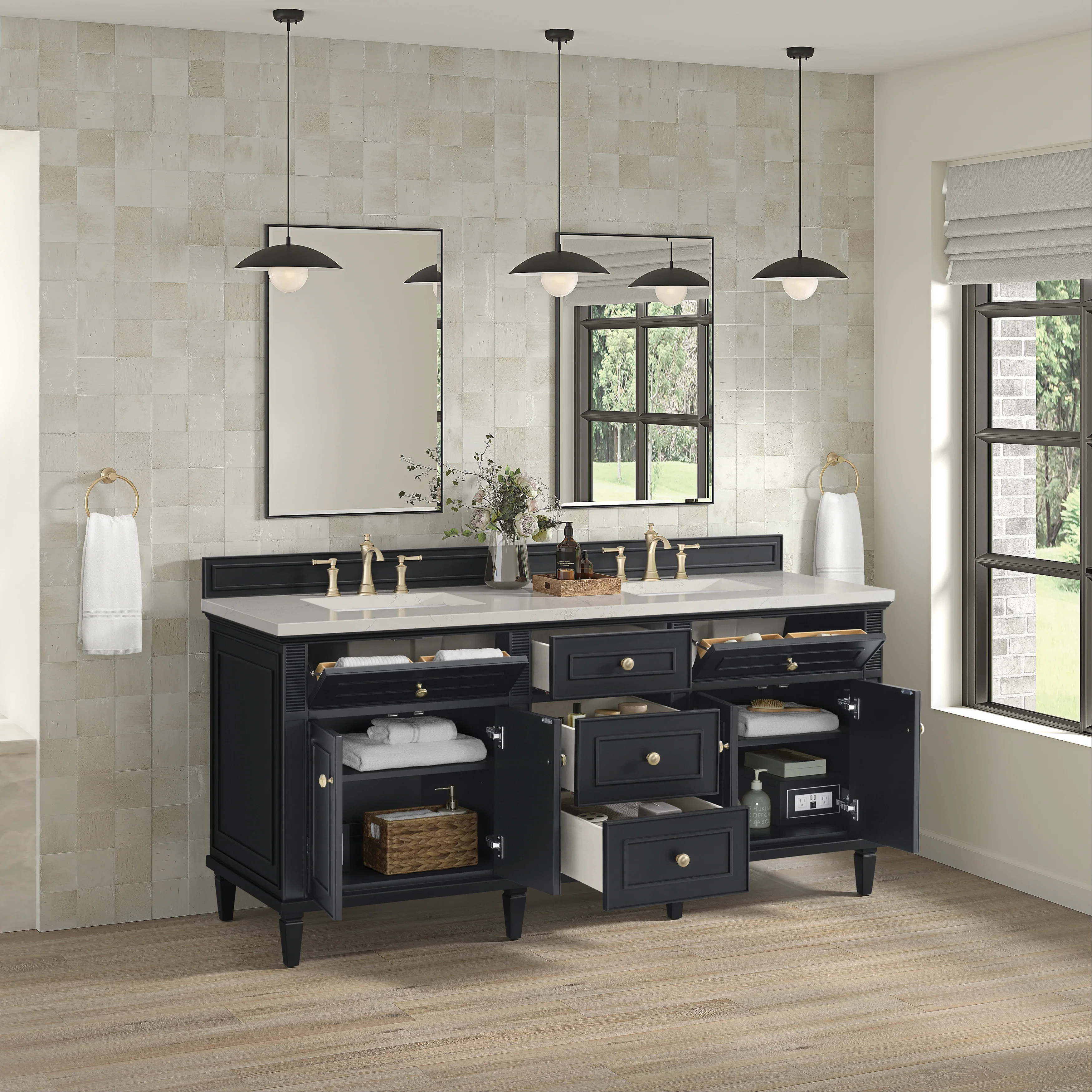 Lorelai 72" Double Vanity, Black Onyx, w/ 3 CM Siberian Silestone Top w/FreePower Wireless Charger