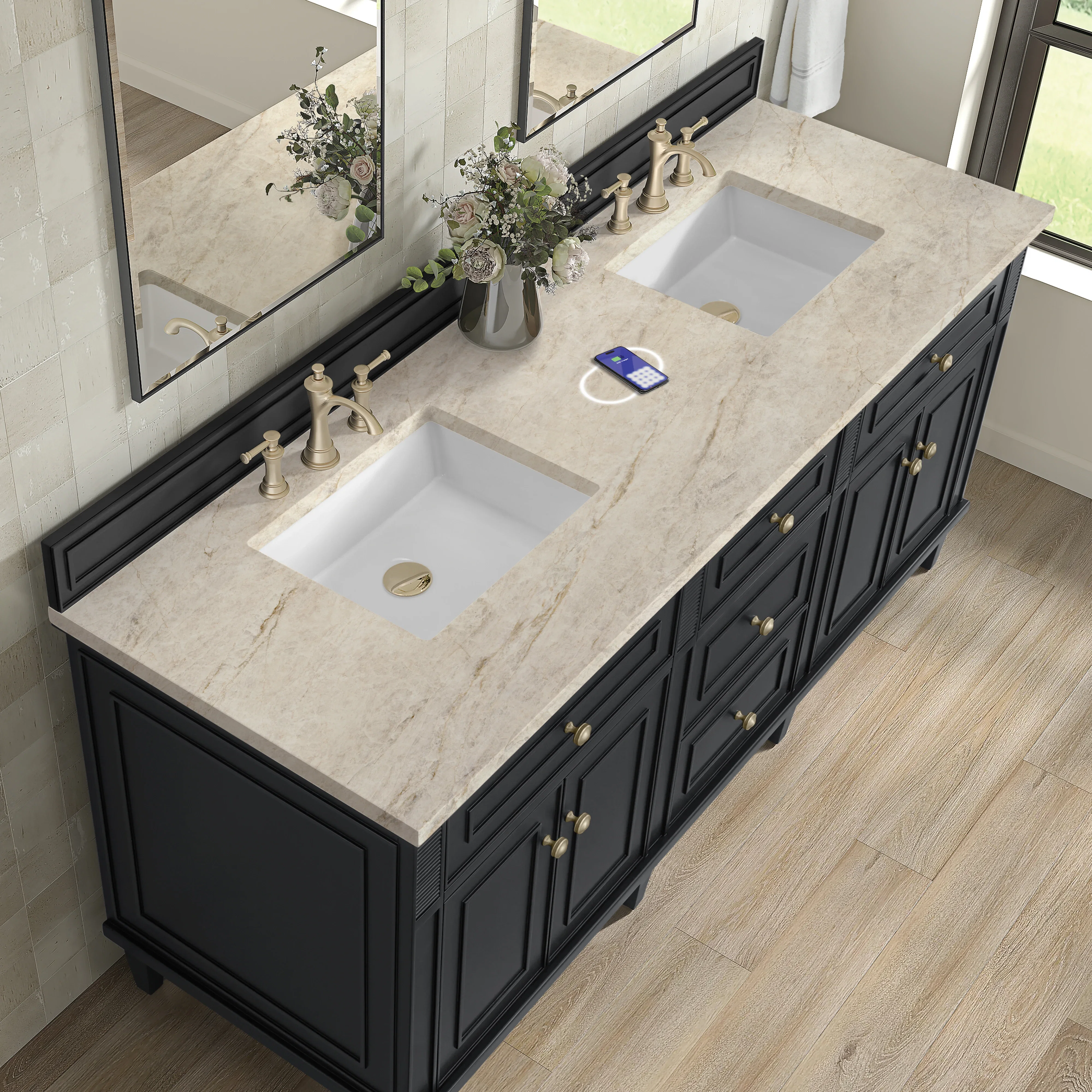 Lorelai 72" Double Vanity, Black Onyx, w/ 3 CM Tajnar Eclos Top w/FreePower Wireless Charger