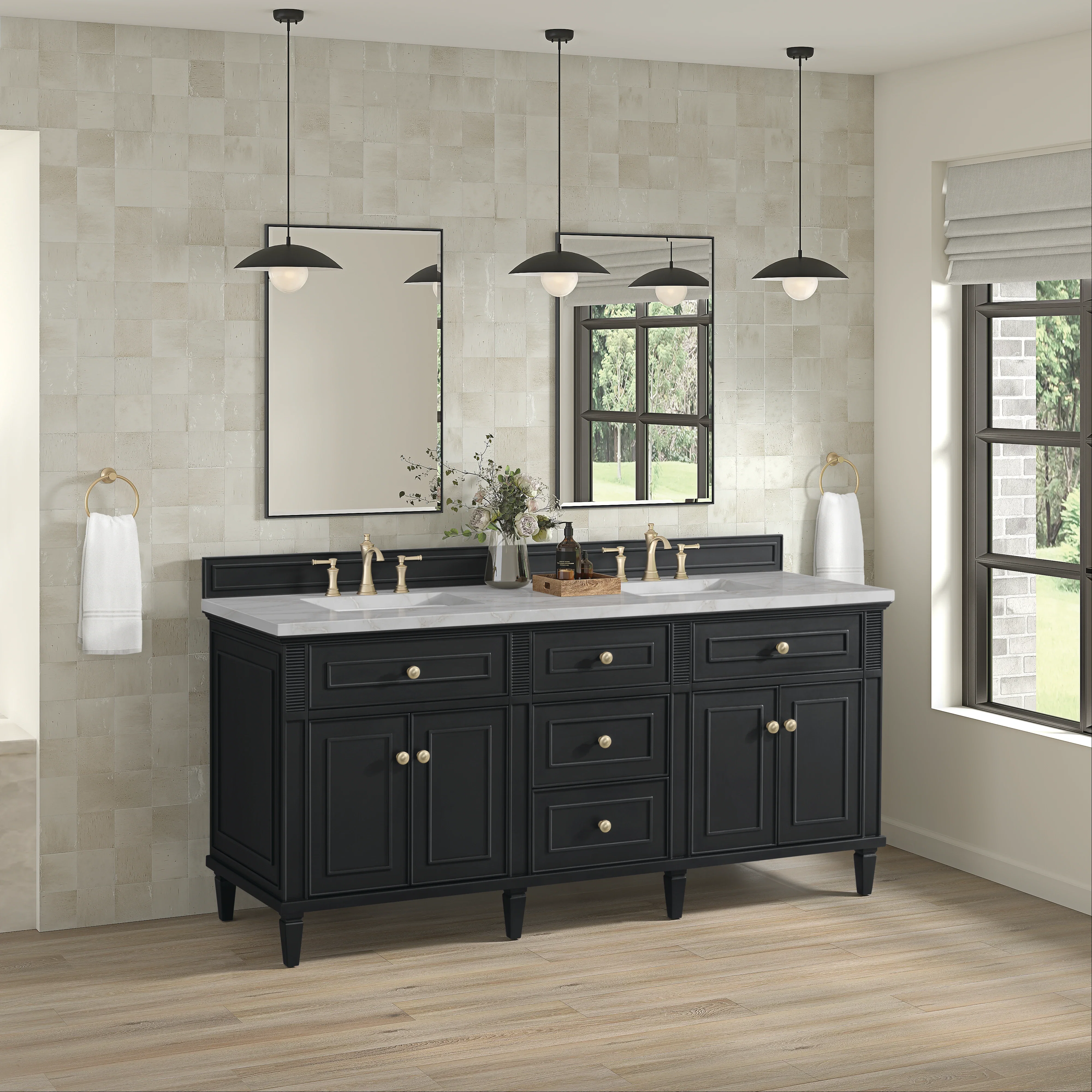 Lorelai 72" Double Vanity, Black Onyx w/ 3 CM Victorian Silver Silestone Top w/FreePower Wireless Charger