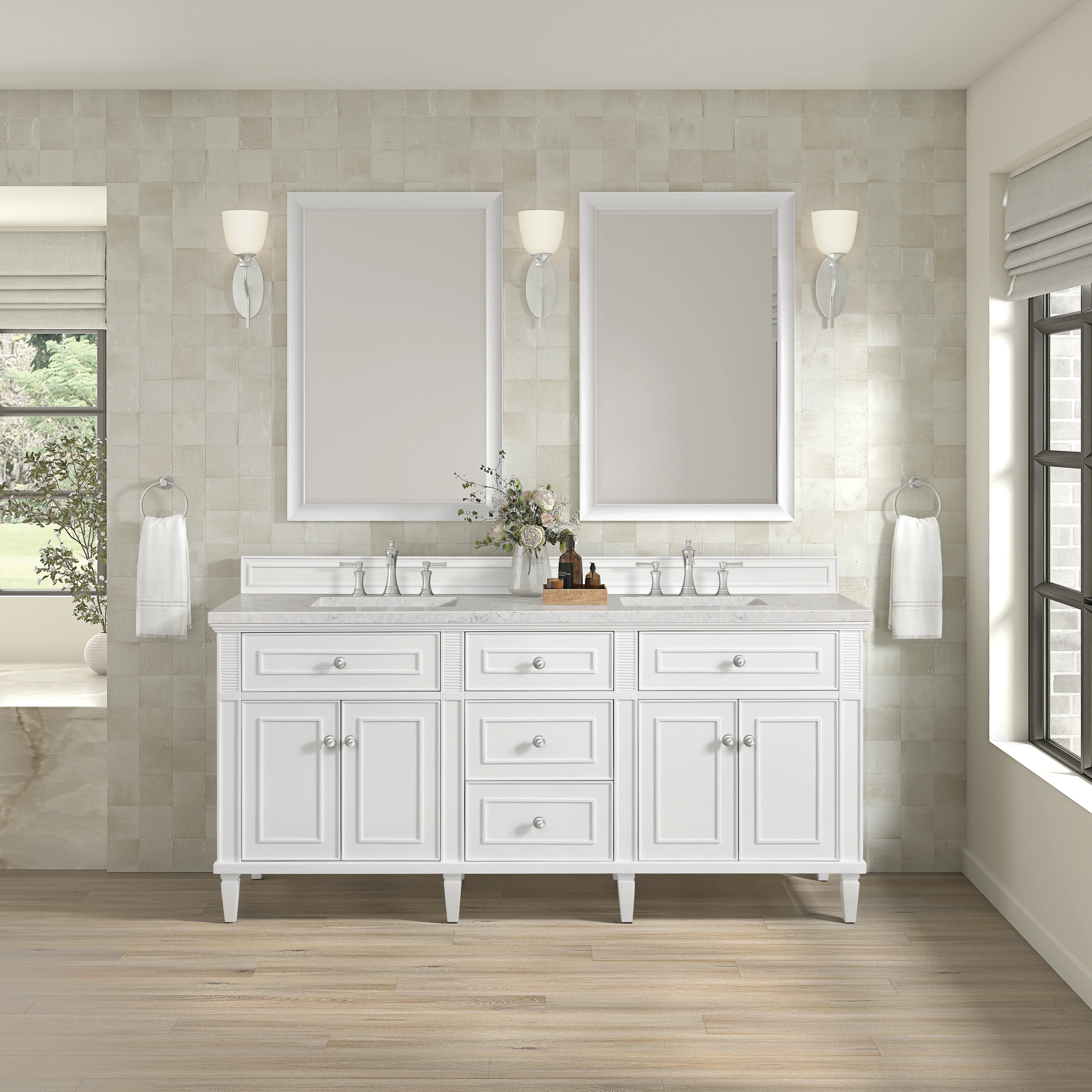 Lorelai 72" Double Vanity, Bright White w/ 3 CM Eternal Jasmine Pearl Silestone Top