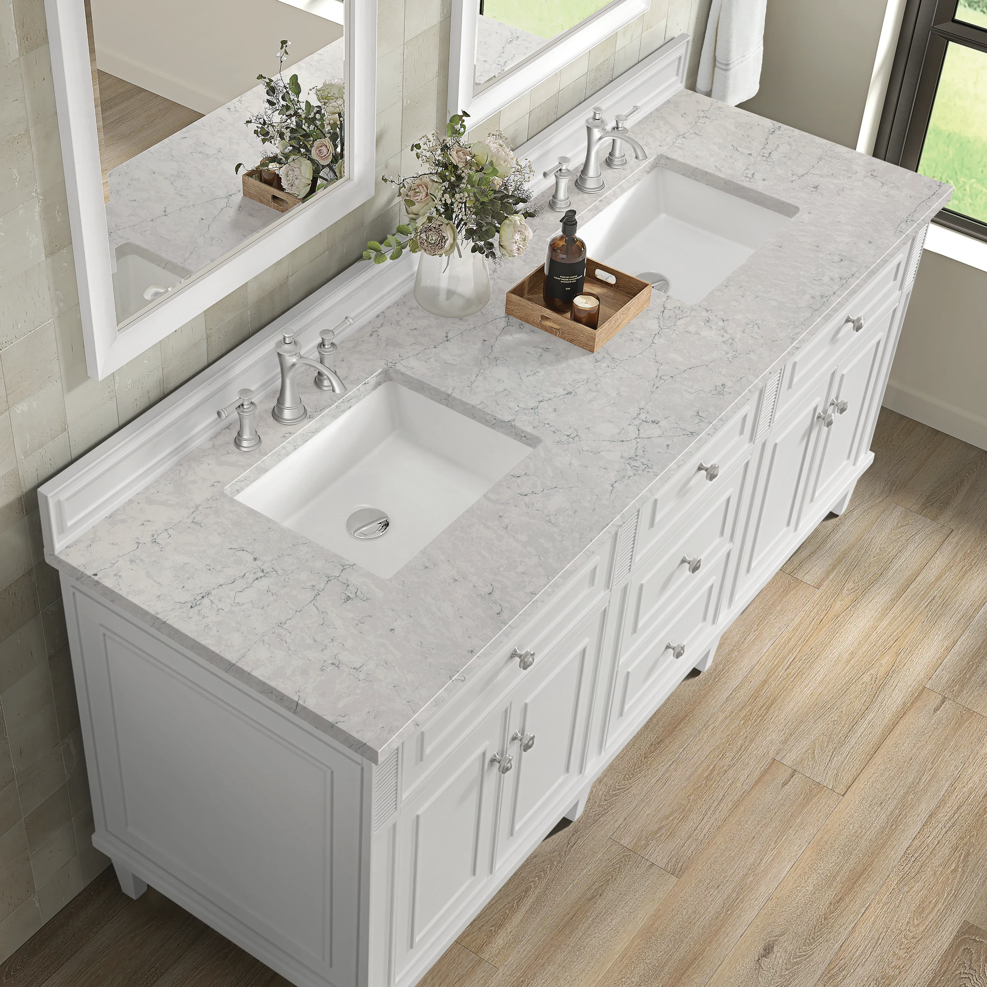 Lorelai 72" Double Vanity, Bright White w/ 3 CM Eternal Jasmine Pearl Silestone Top
