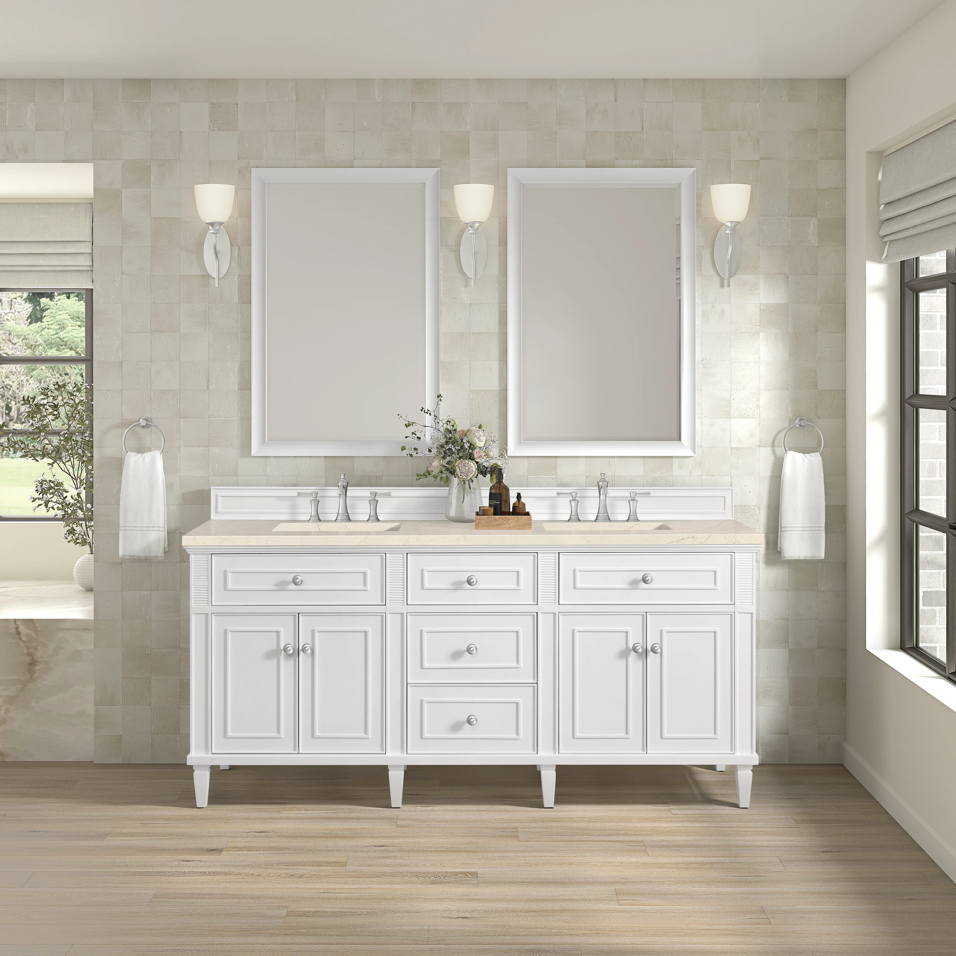 Lorelai 72" Double Vanity, Bright White w/ 3 CM Eternal Marfil Silestone Top