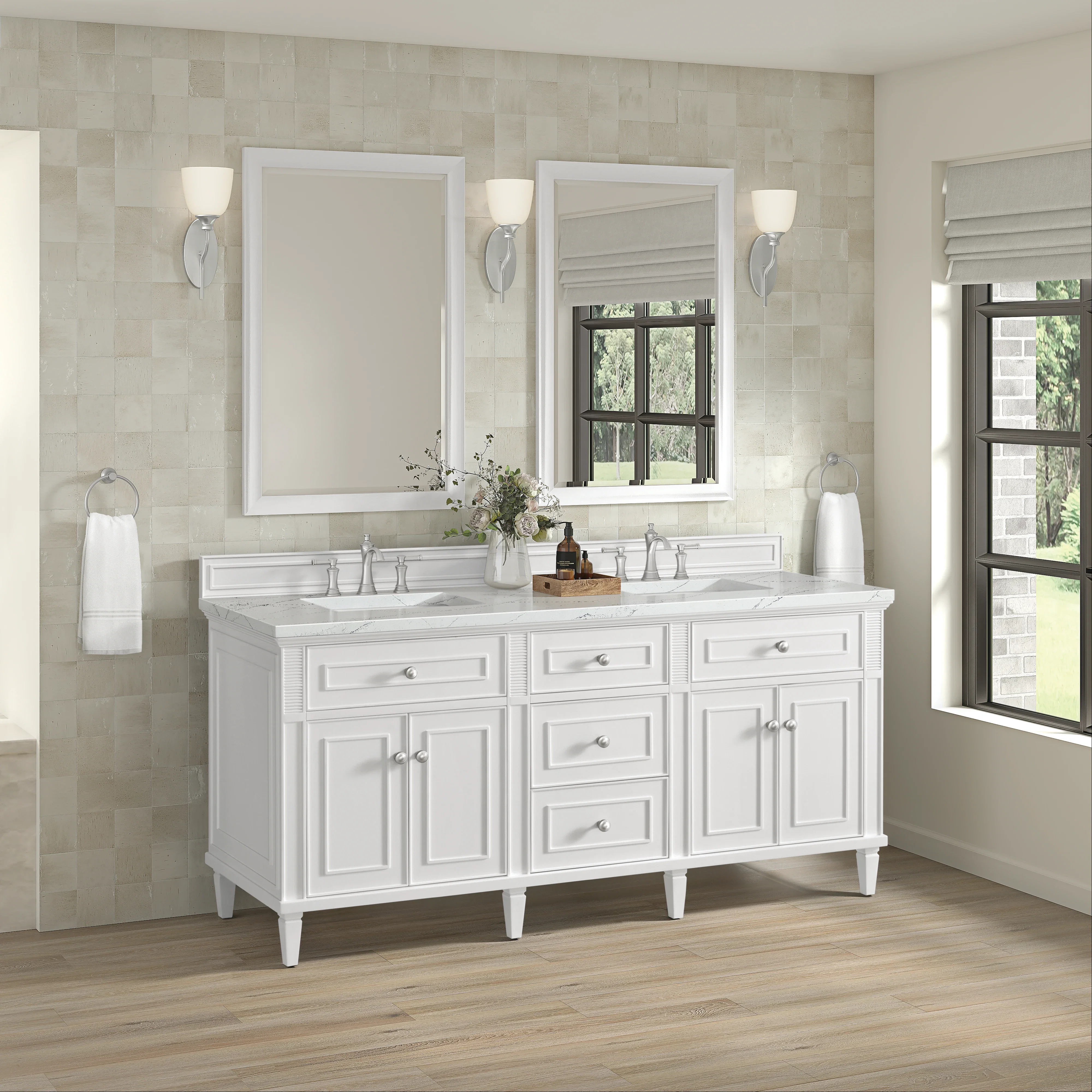 Lorelai 72" Double Vanity, Bright White w/ 3 CM Ethereal Noctis Silestone Top