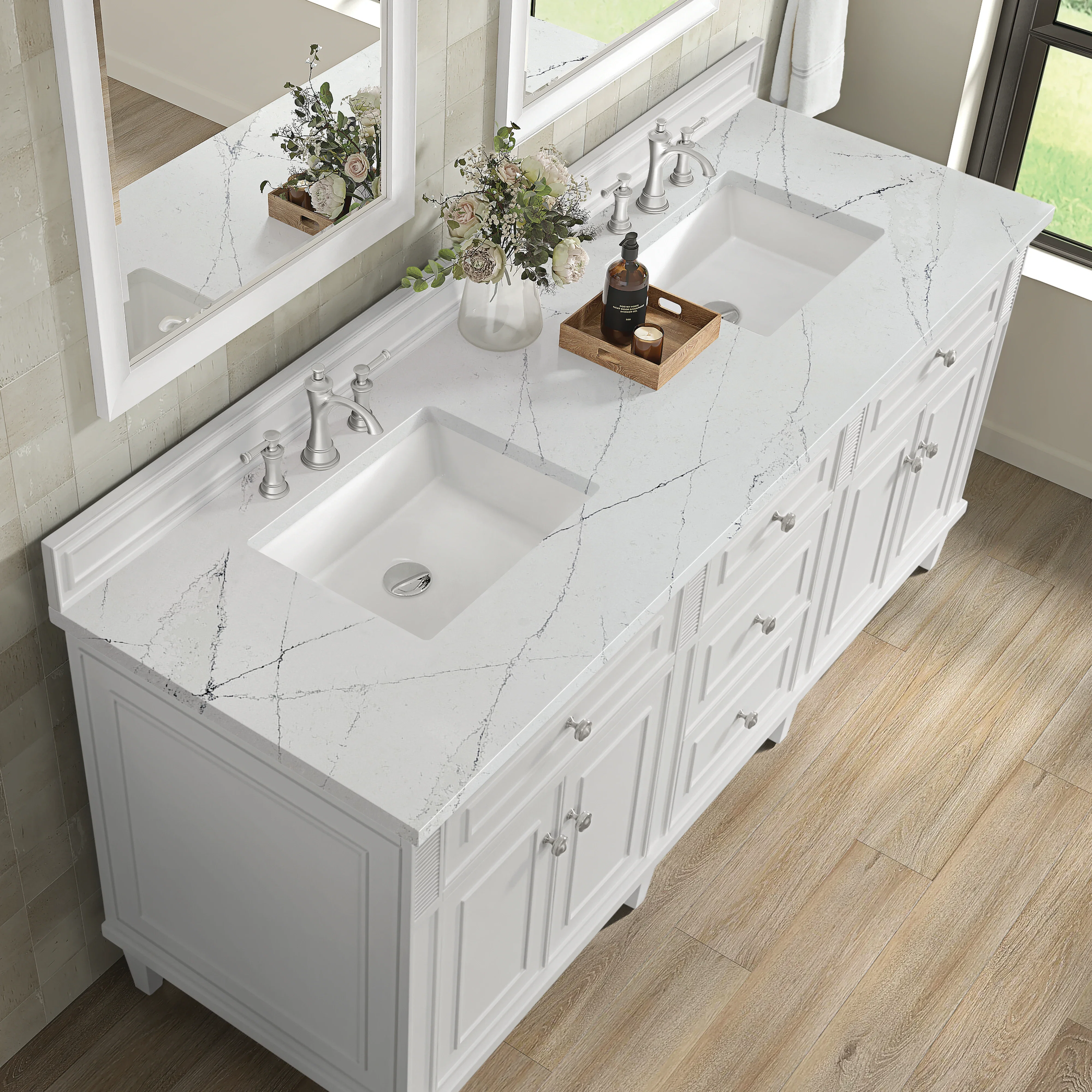 Lorelai 72" Double Vanity, Bright White w/ 3 CM Ethereal Noctis Silestone Top