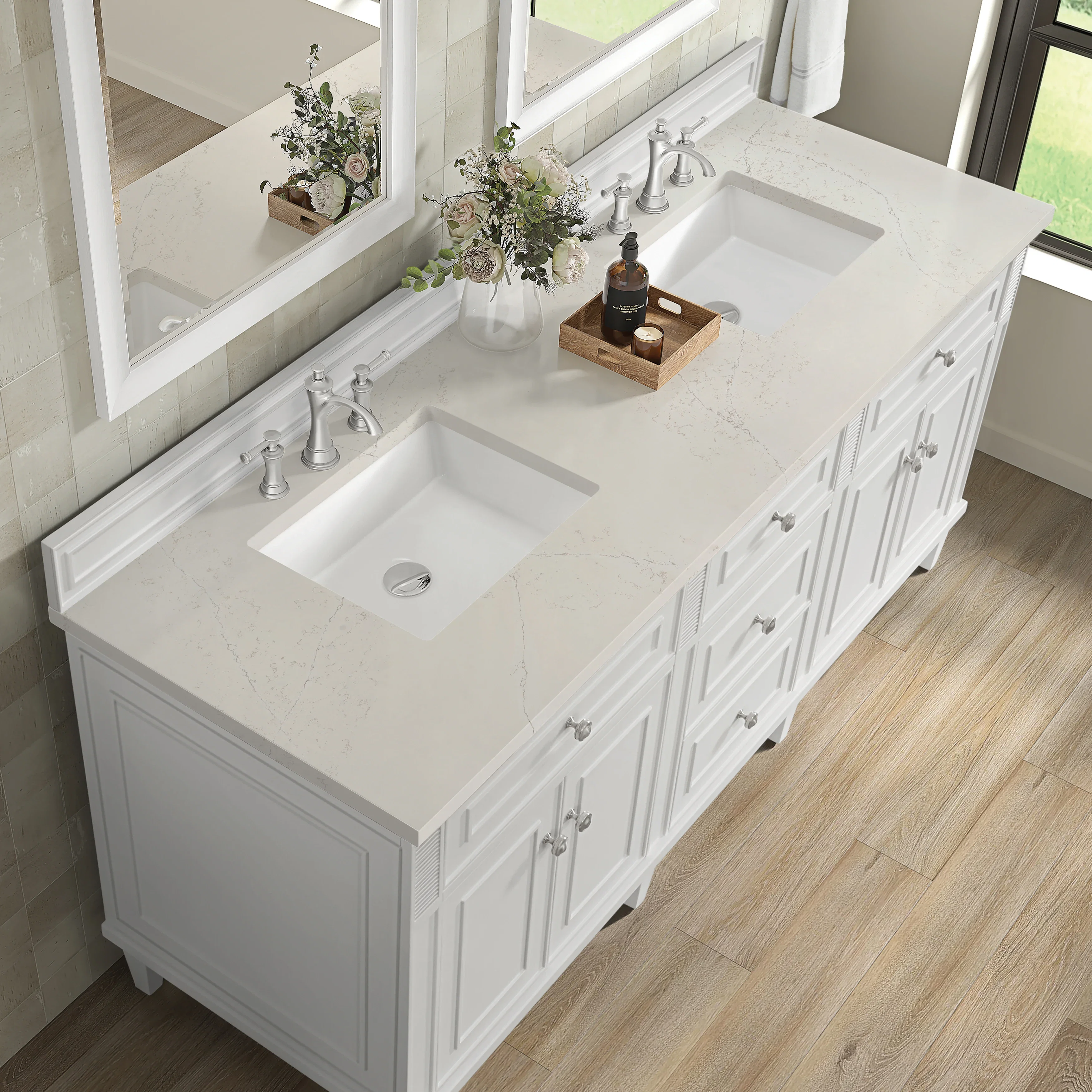 Lorelai 72" Double Vanity, Bright White, w/ 3 CM Siberian Silestone Top