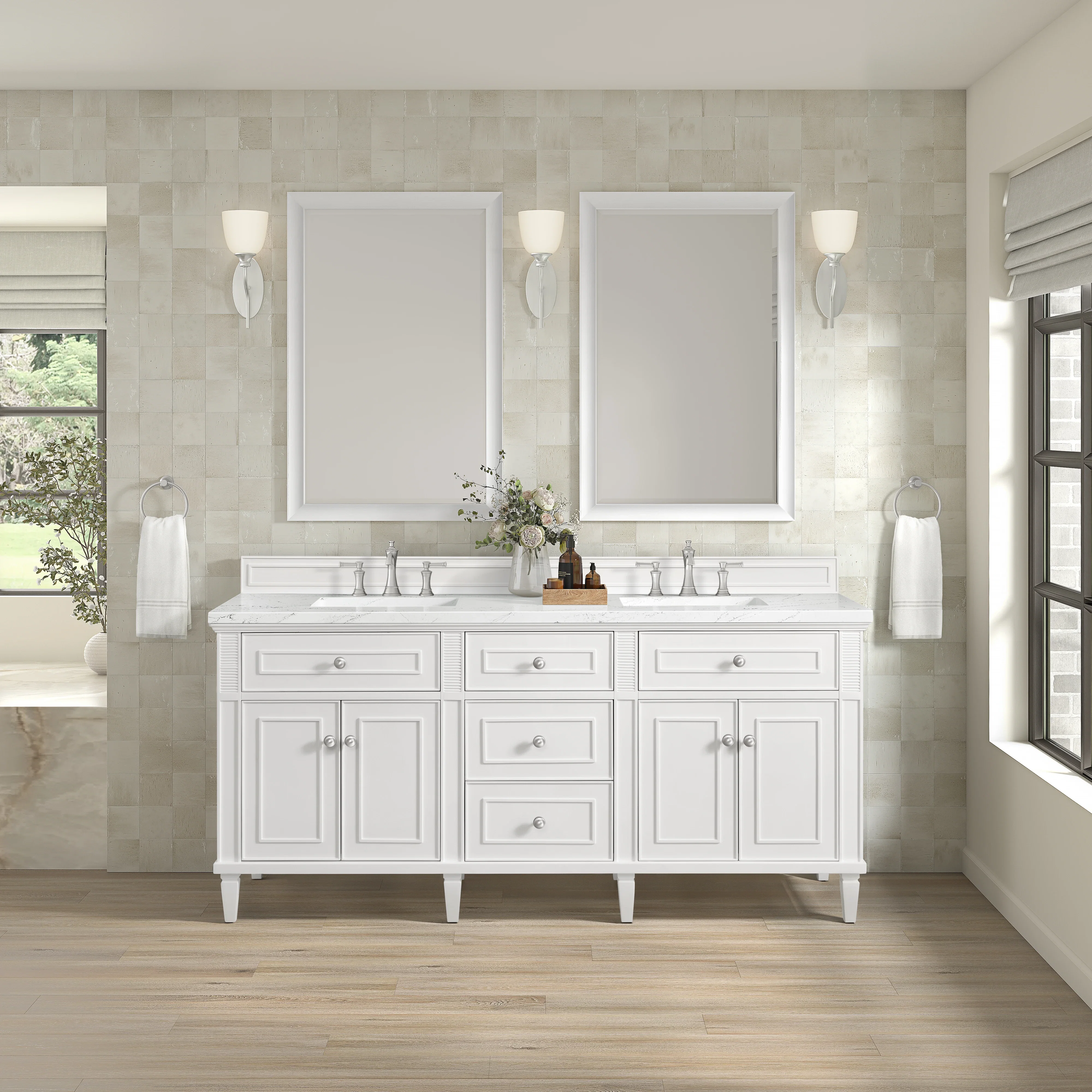 Lorelai 72" Double Vanity, Bright White w/ 3 CM White Zeus Silestone Top