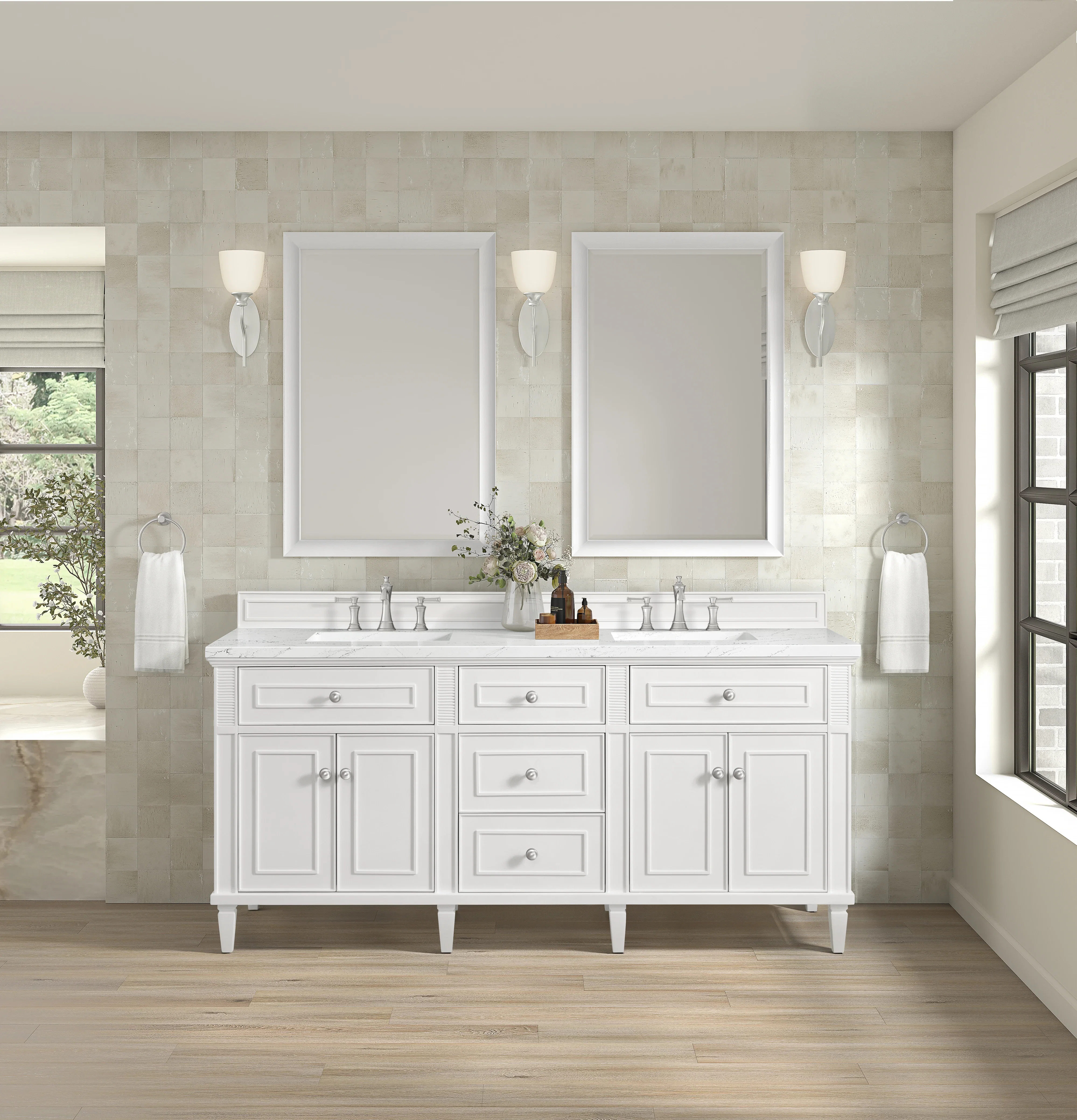 Lorelai 72" Double Vanity, Bright White w/ 3 CM White Zeus Silestone Top