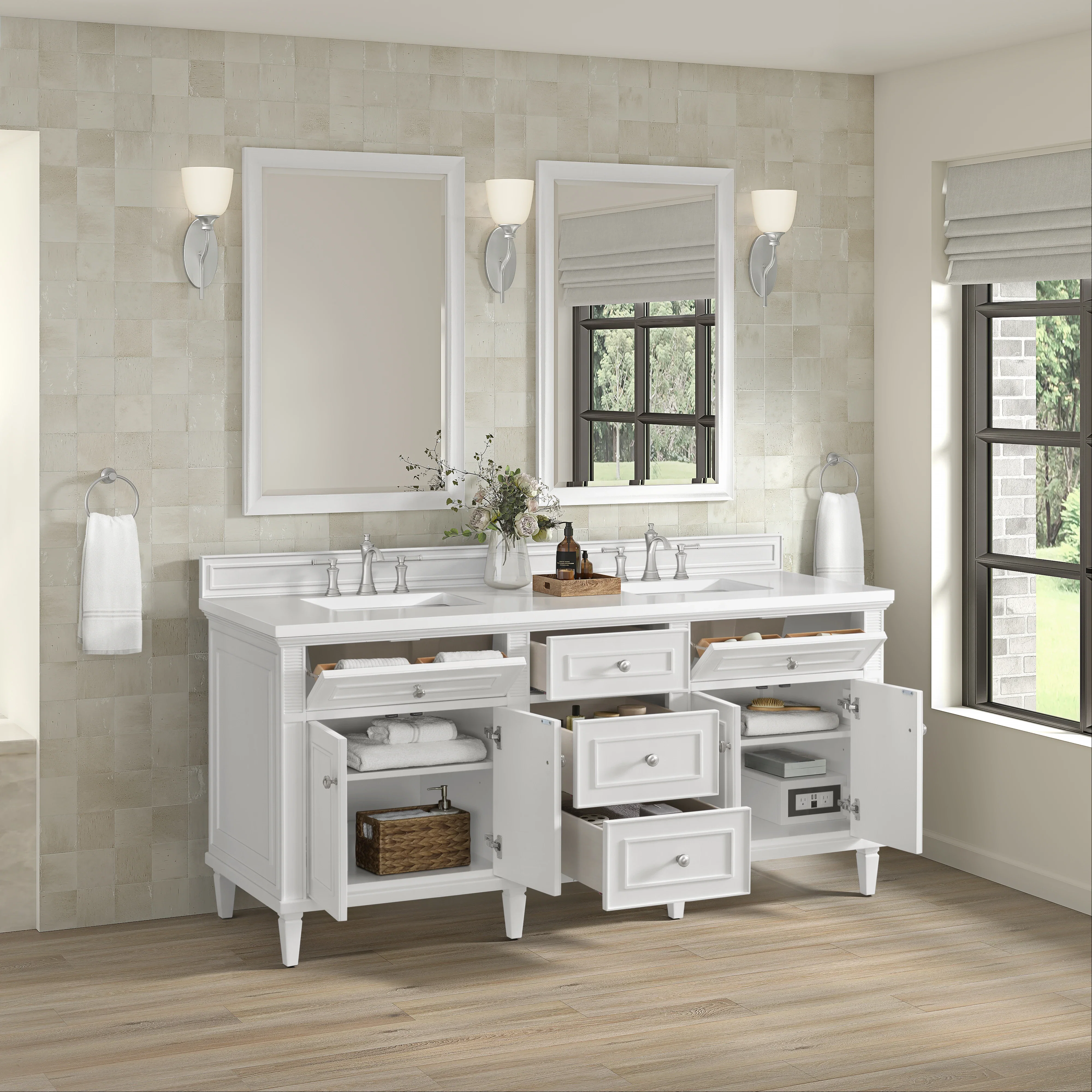 Lorelai 72" Double Vanity, Bright White w/ 3 CM White Zeus Silestone Top