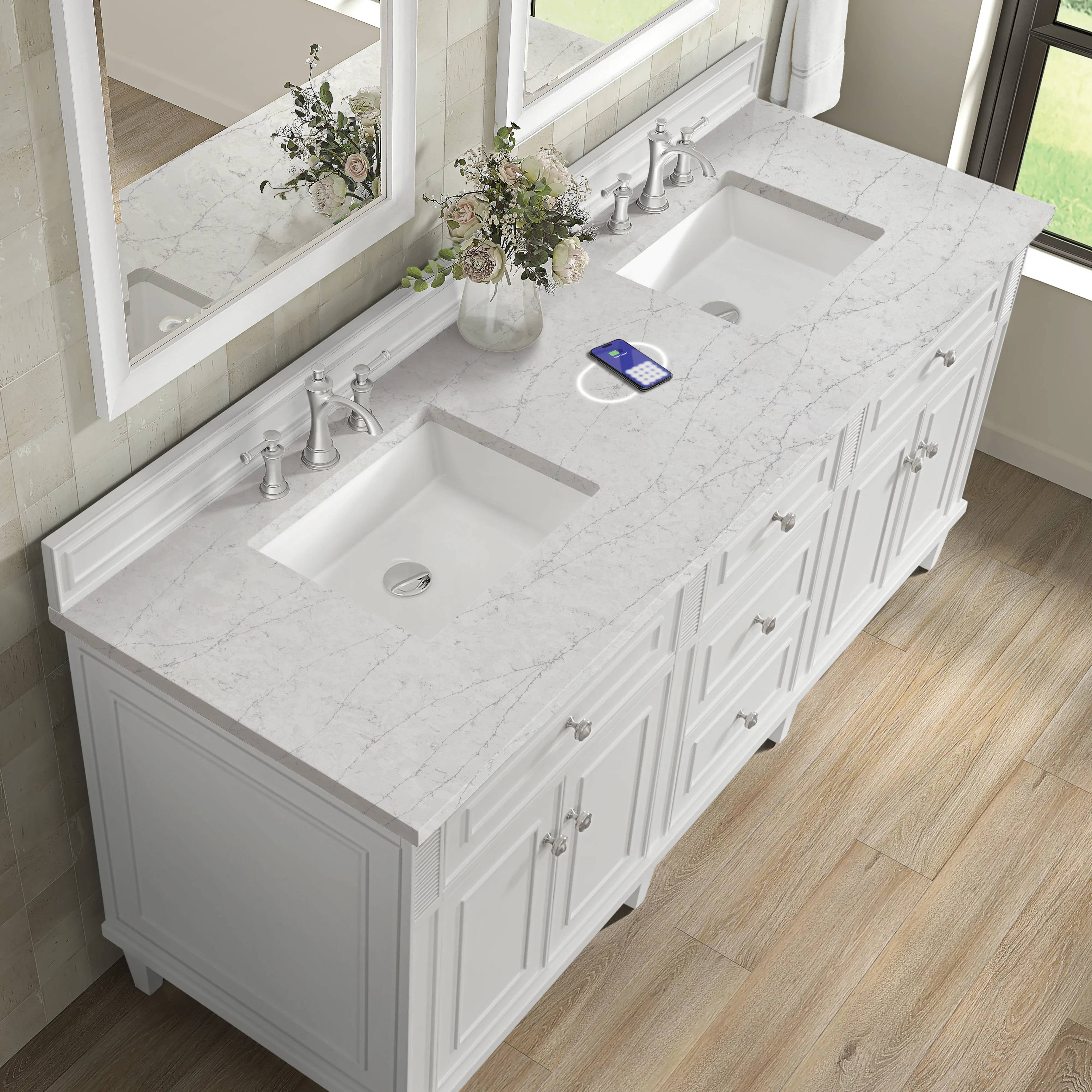 Lorelai 72" Double Vanity, Bright White w/ 3 CM Eternal Jasmine Pearl Silestone Top w/FreePower Wireless Charger