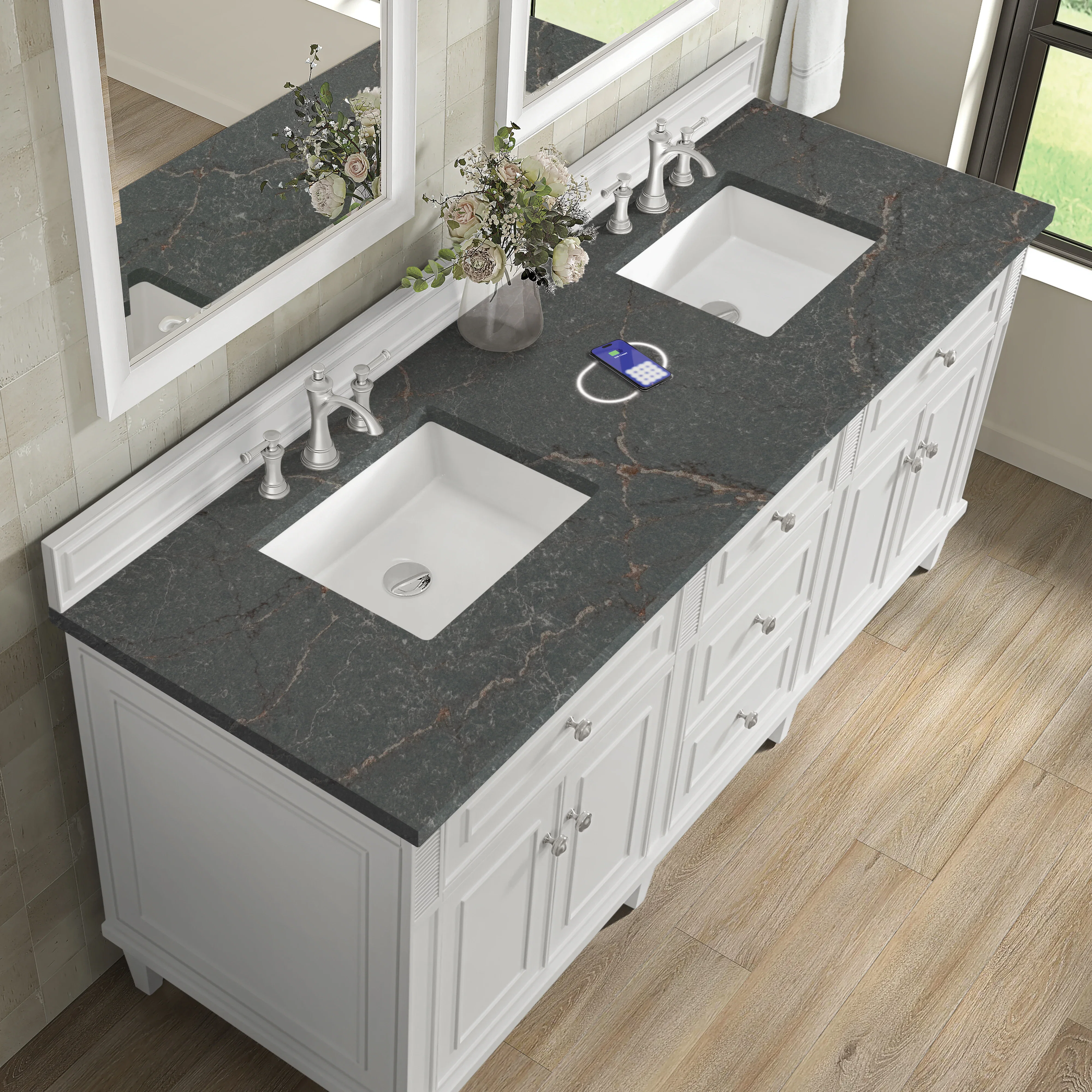 Lorelai 72" Double Vanity, Bright White w/ 3 CM Parisien Bleu Silestone Top w/FreePower Wireless Charger