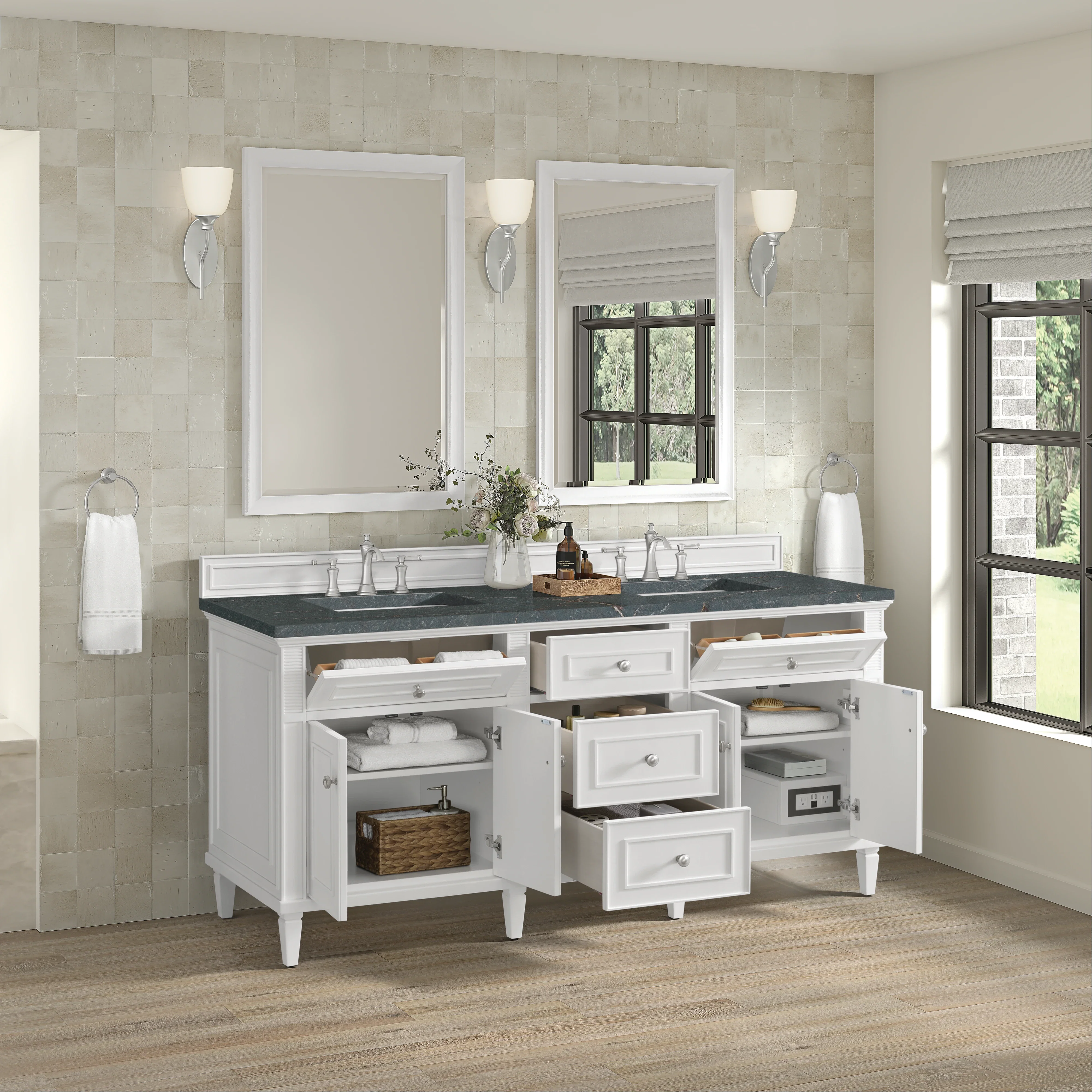 Lorelai 72" Double Vanity, Bright White w/ 3 CM Parisien Bleu Silestone Top w/FreePower Wireless Charger