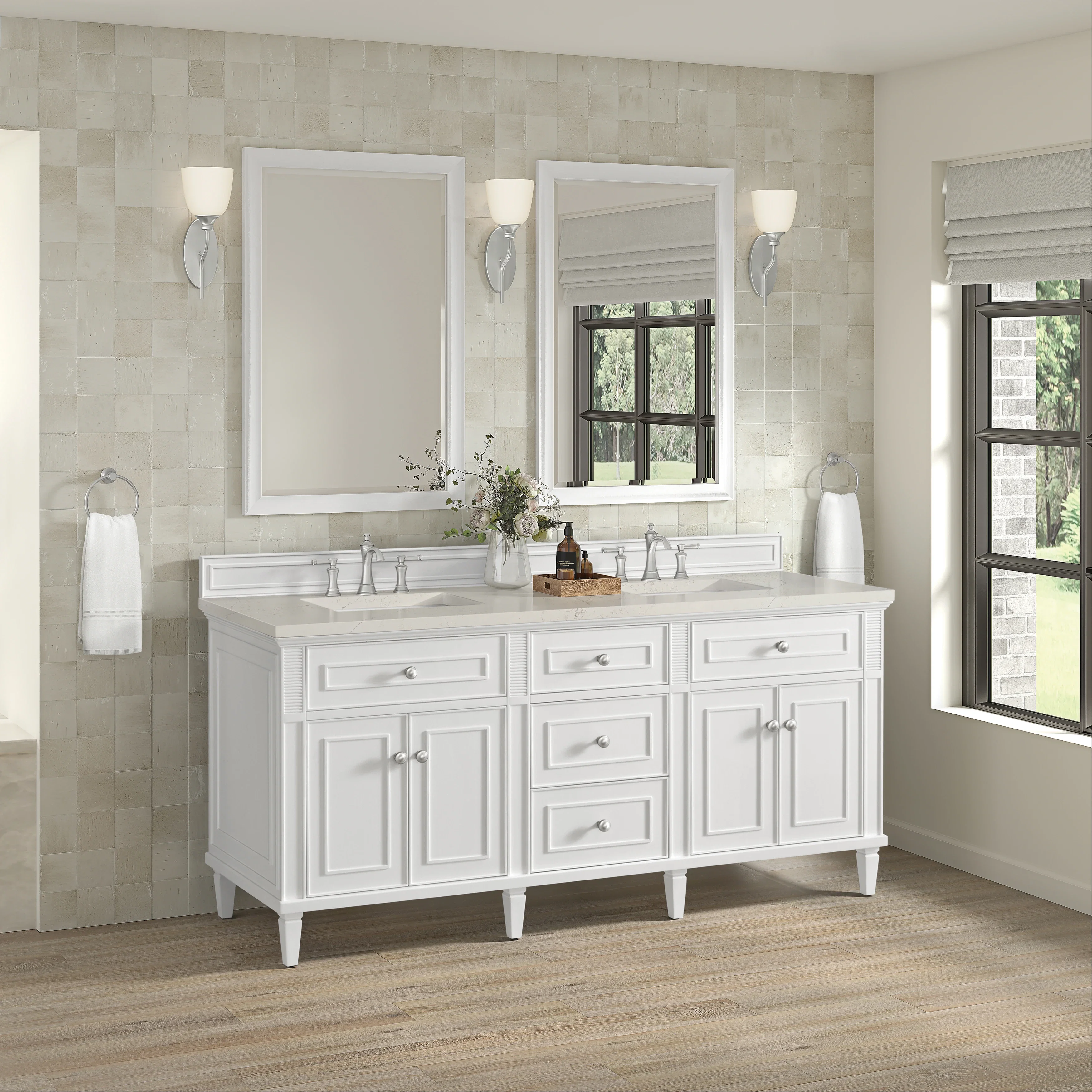 Lorelai 72" Double Vanity, Bright White, w/ 3 CM Siberian Silestone Top w/FreePower Wireless Charger