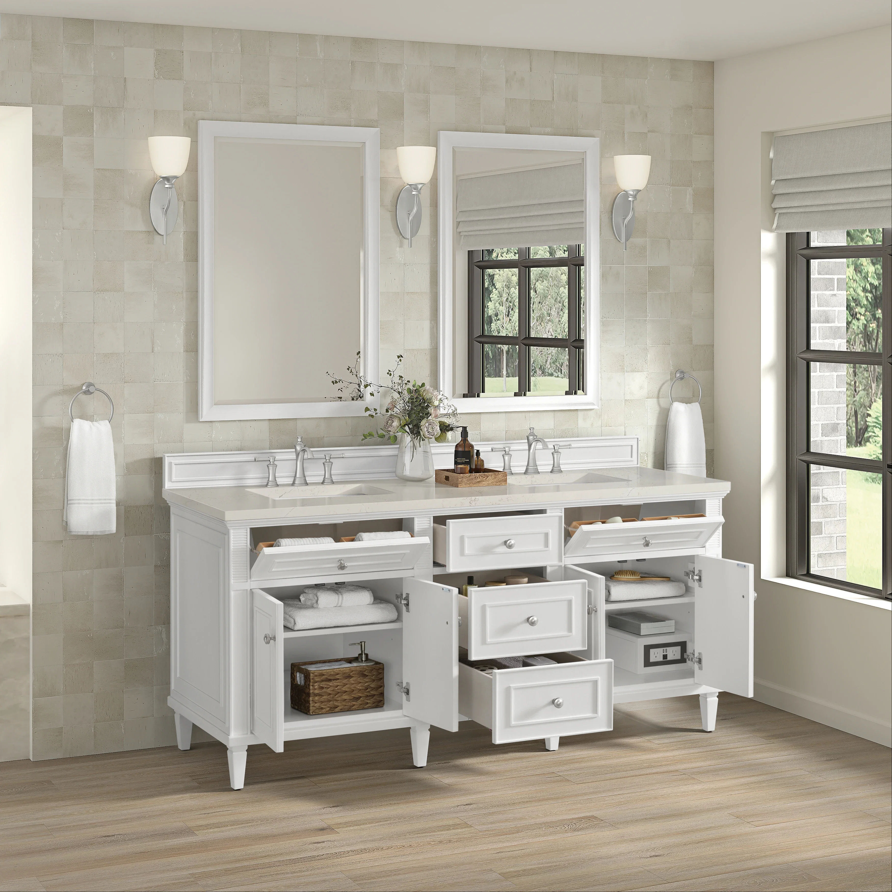 Lorelai 72" Double Vanity, Bright White, w/ 3 CM Siberian Silestone Top w/FreePower Wireless Charger