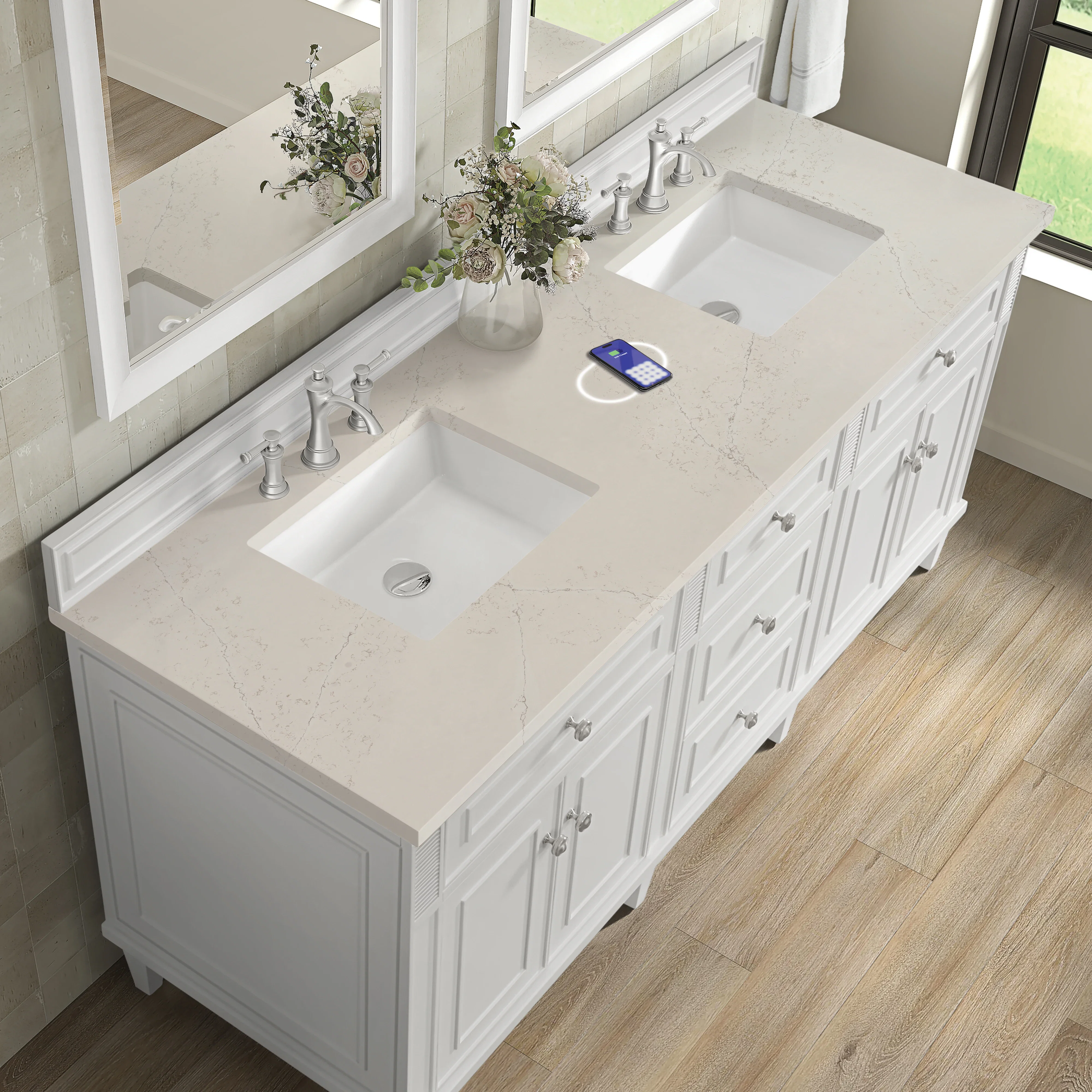 Lorelai 72" Double Vanity, Bright White, w/ 3 CM Siberian Silestone Top w/FreePower Wireless Charger