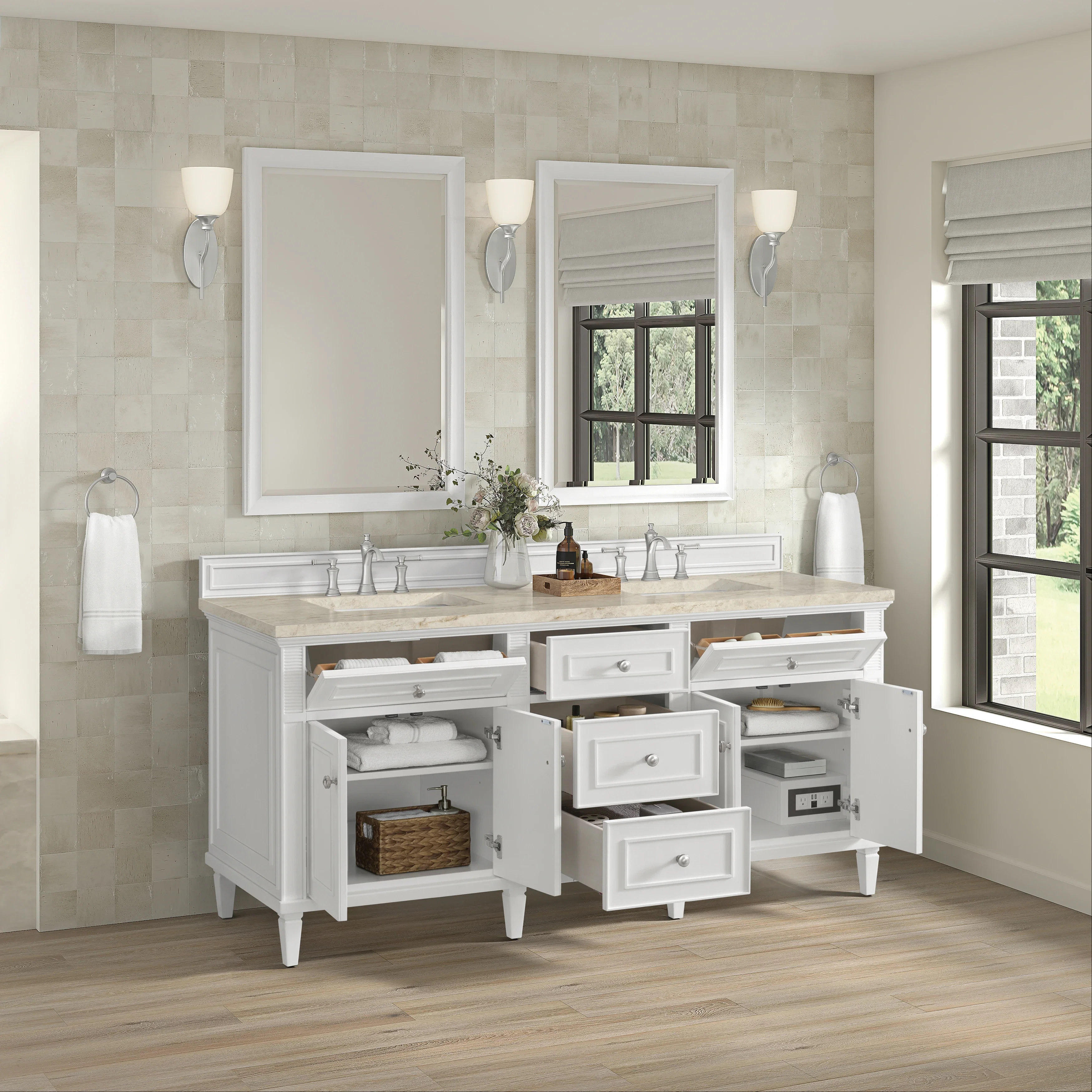 Lorelai 72" Double Vanity, Bright White, w/ 3 CM Tajnar Eclos Top w/FreePower Wireless Charger