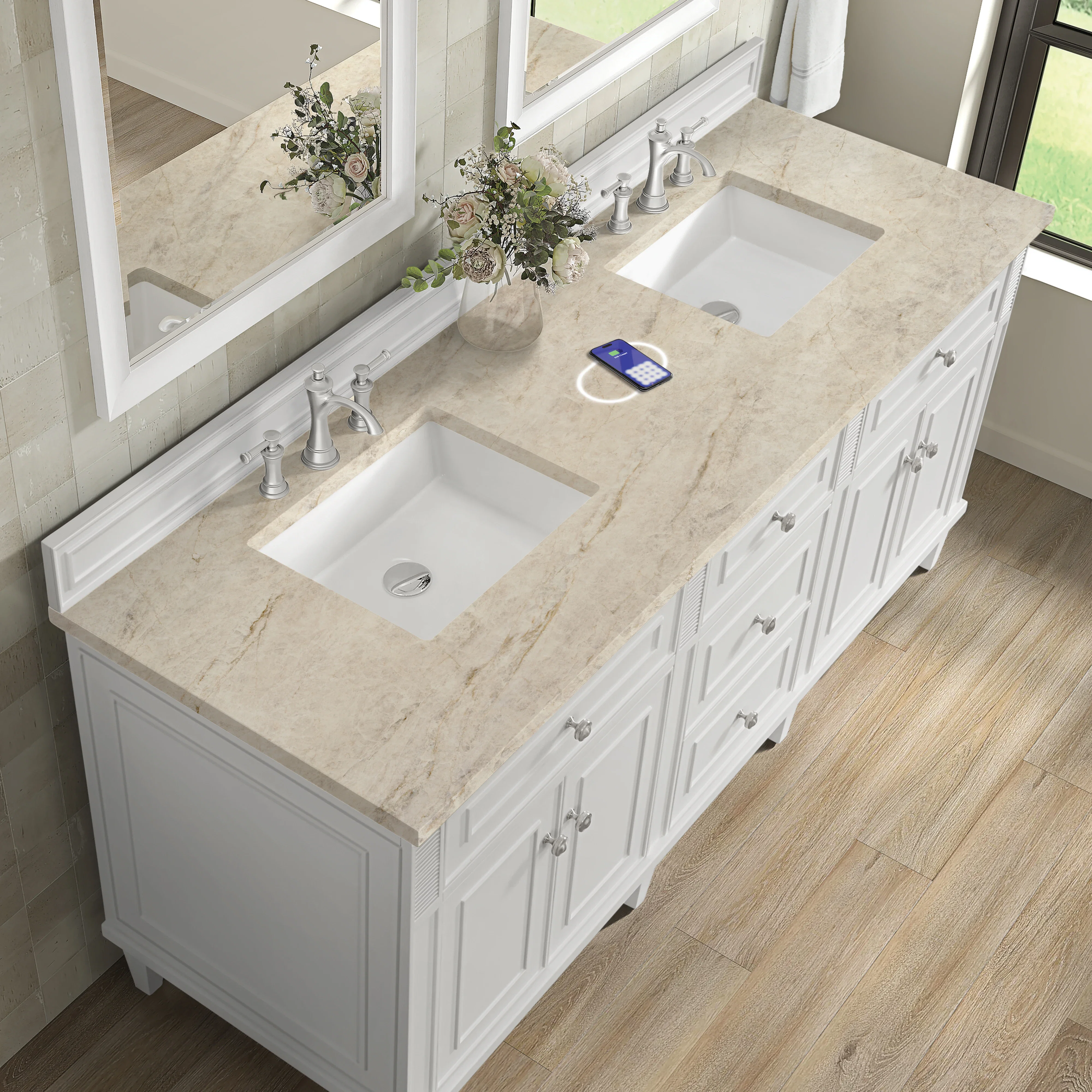 Lorelai 72" Double Vanity, Bright White, w/ 3 CM Tajnar Eclos Top w/FreePower Wireless Charger