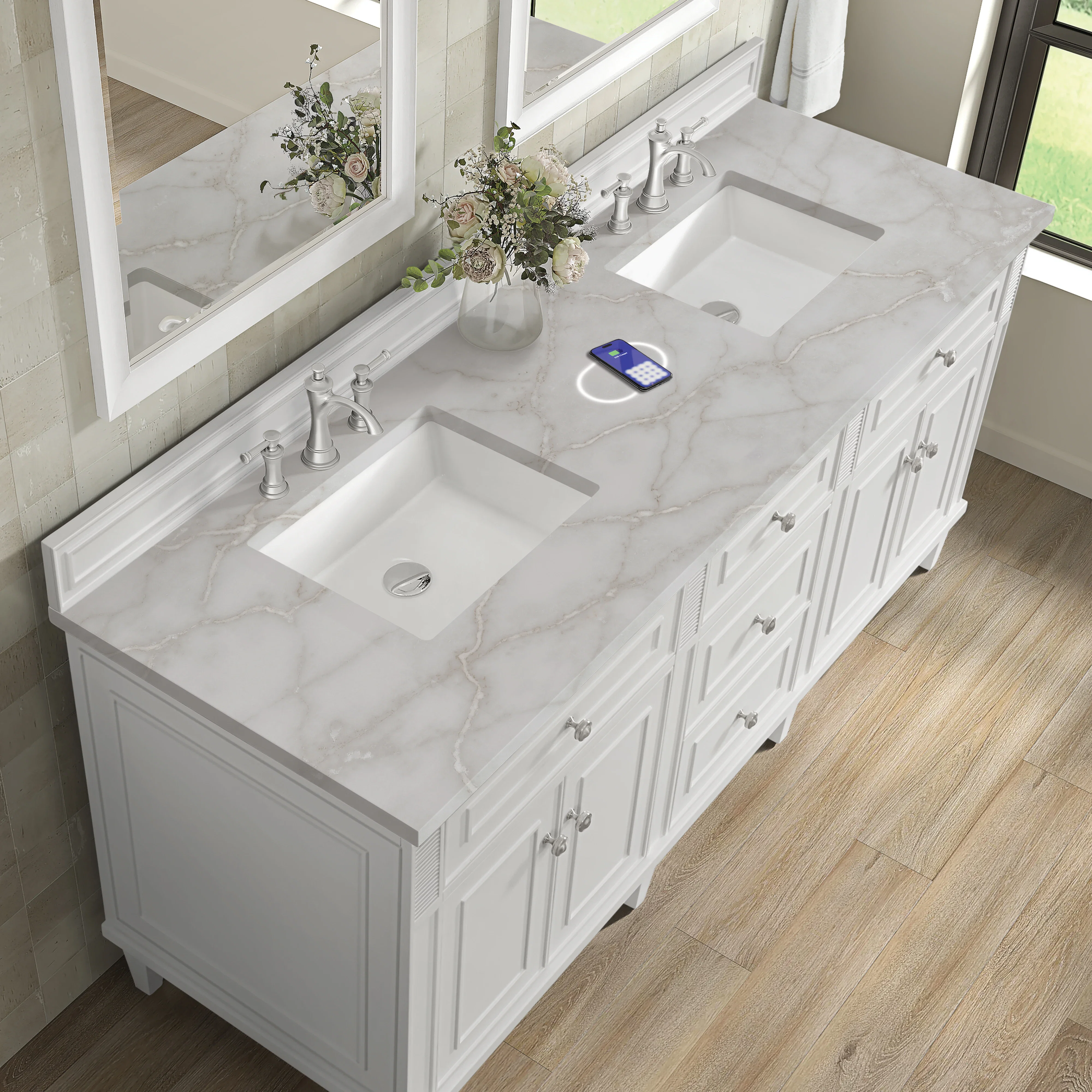 Lorelai 72" Double Vanity, Bright White w/ 3 CM Victorian Silver Silestone Top w/FreePower Wireless Charger