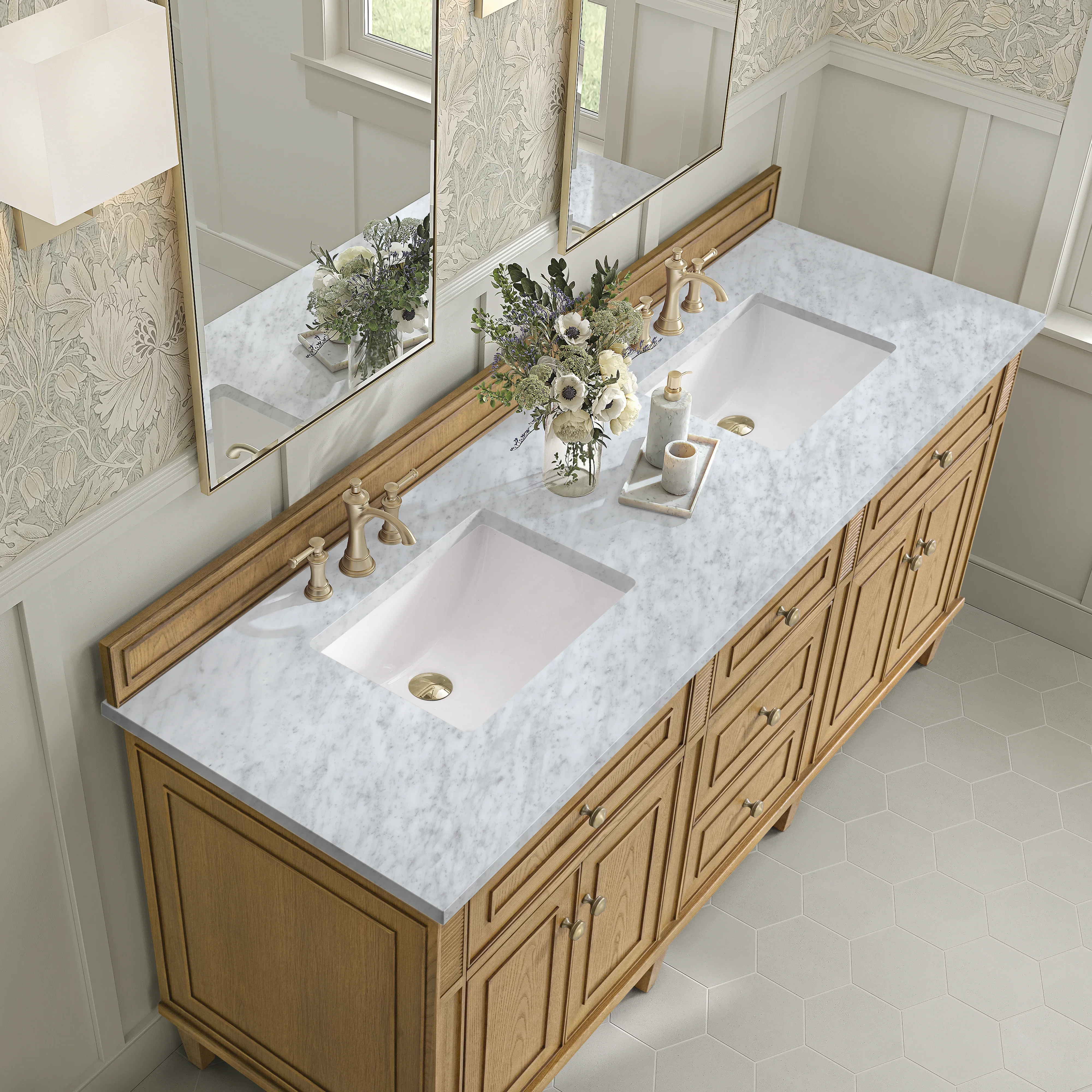 Lorelai 72" Double Vanity, Light Natural Oak w/ 3 CM Carrara White Marble Top