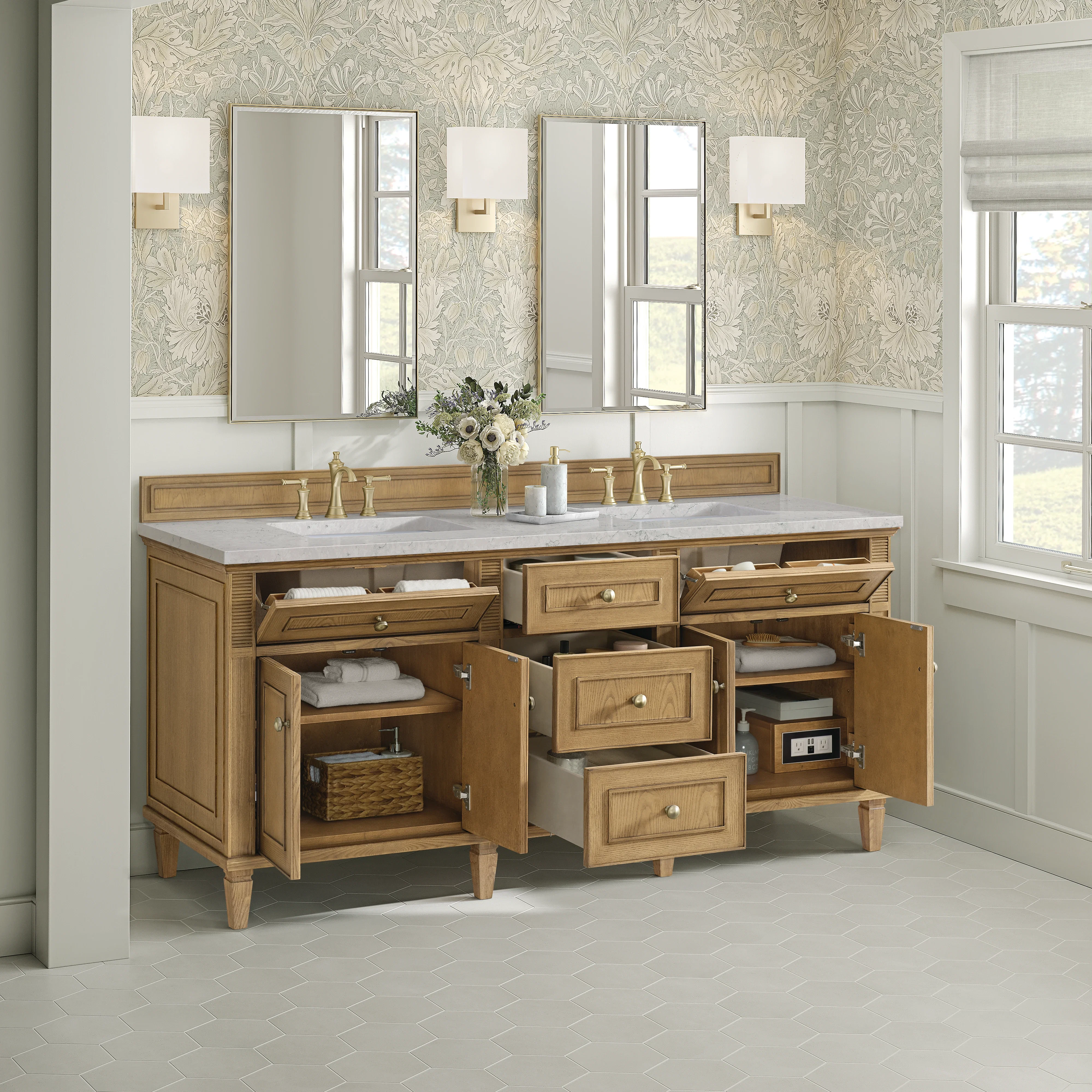 Lorelai 72" Double Vanity, Light Natural Oak w/ 3 CM Eternal Jasmine Pearl Silestone Top