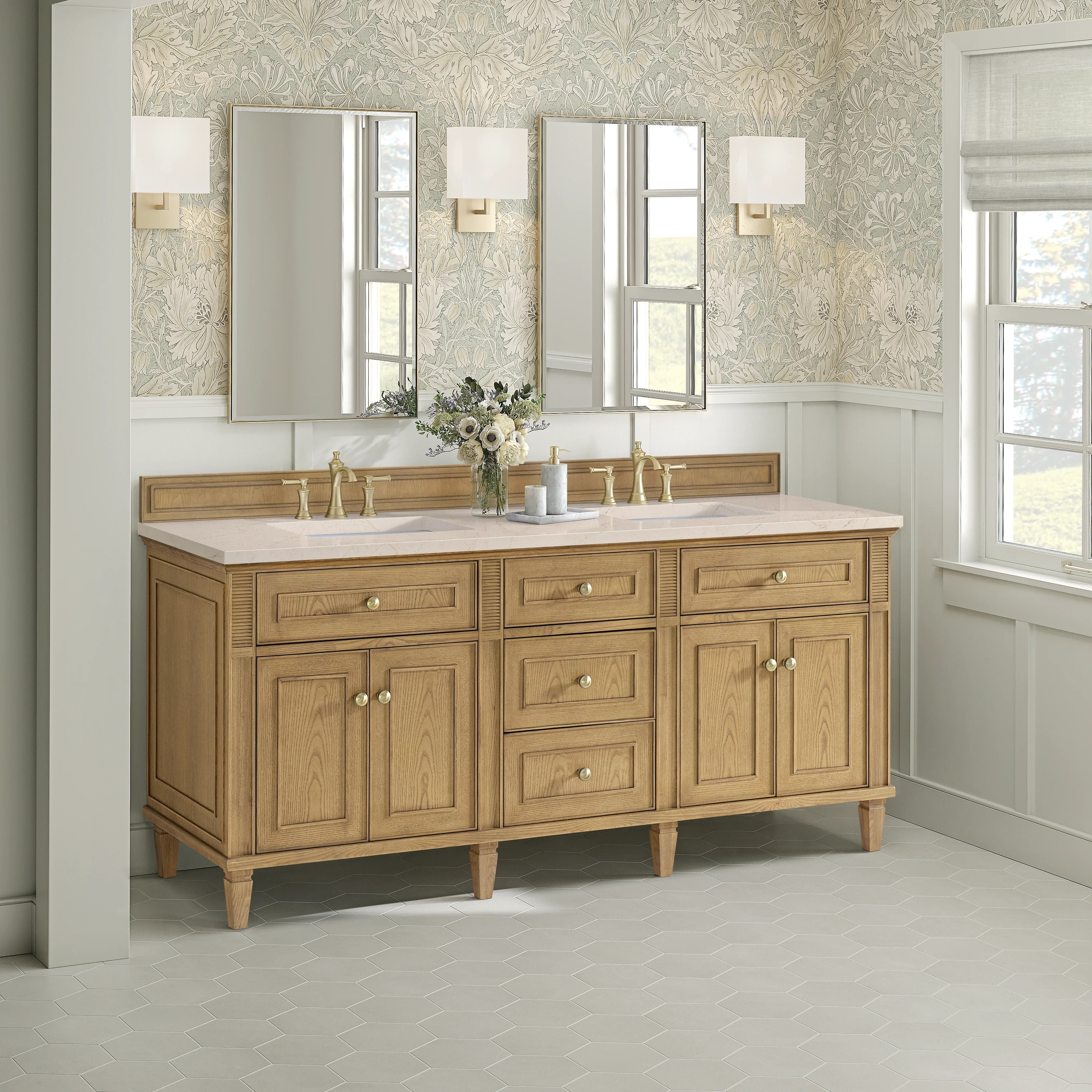 Lorelai 72" Double Vanity, Light Natural Oak w/ 3 CM Eternal Marfil Silestone Top