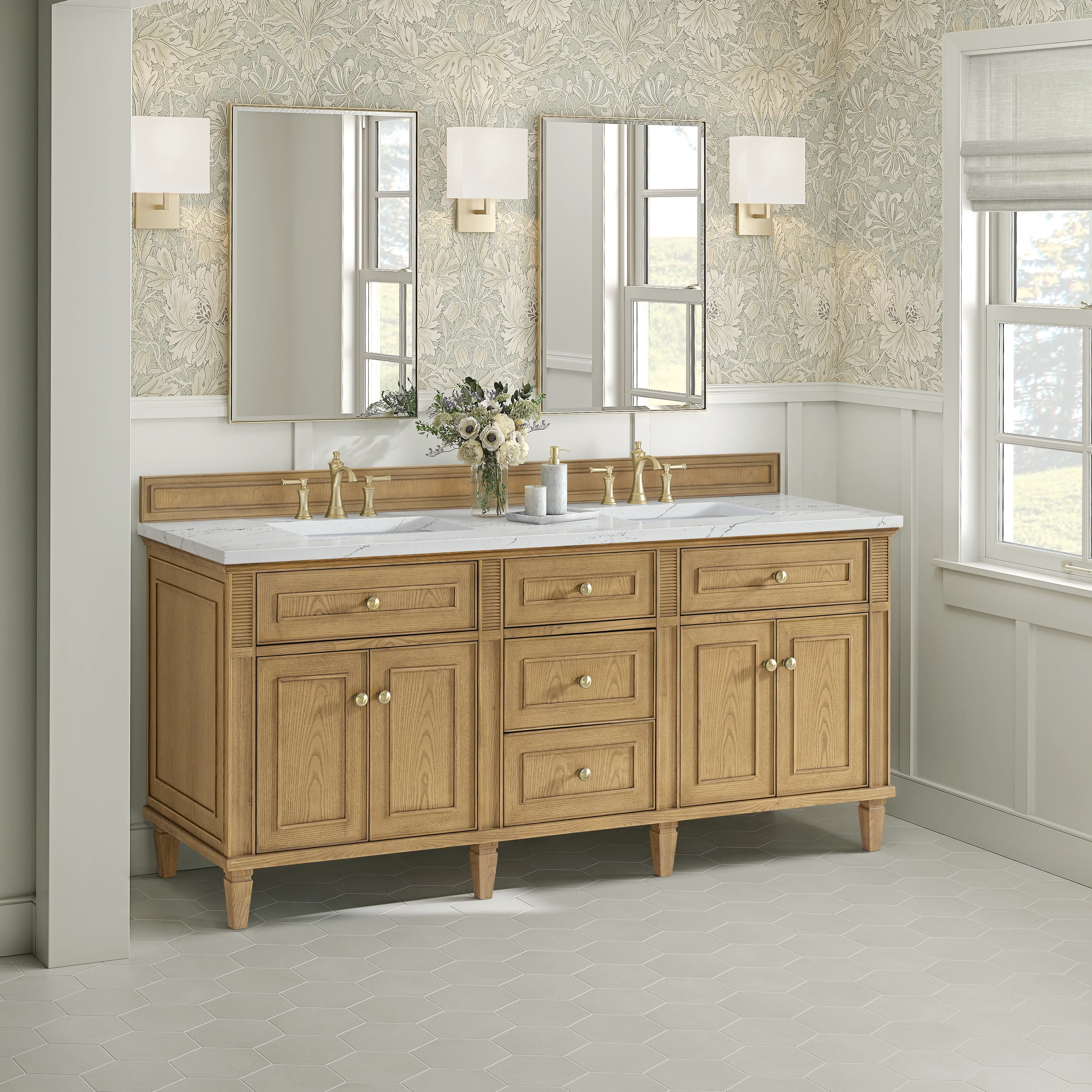 Lorelai 72" Double Vanity, Light Natural Oak w/ 3 CM Ethereal Noctis Silestone Top