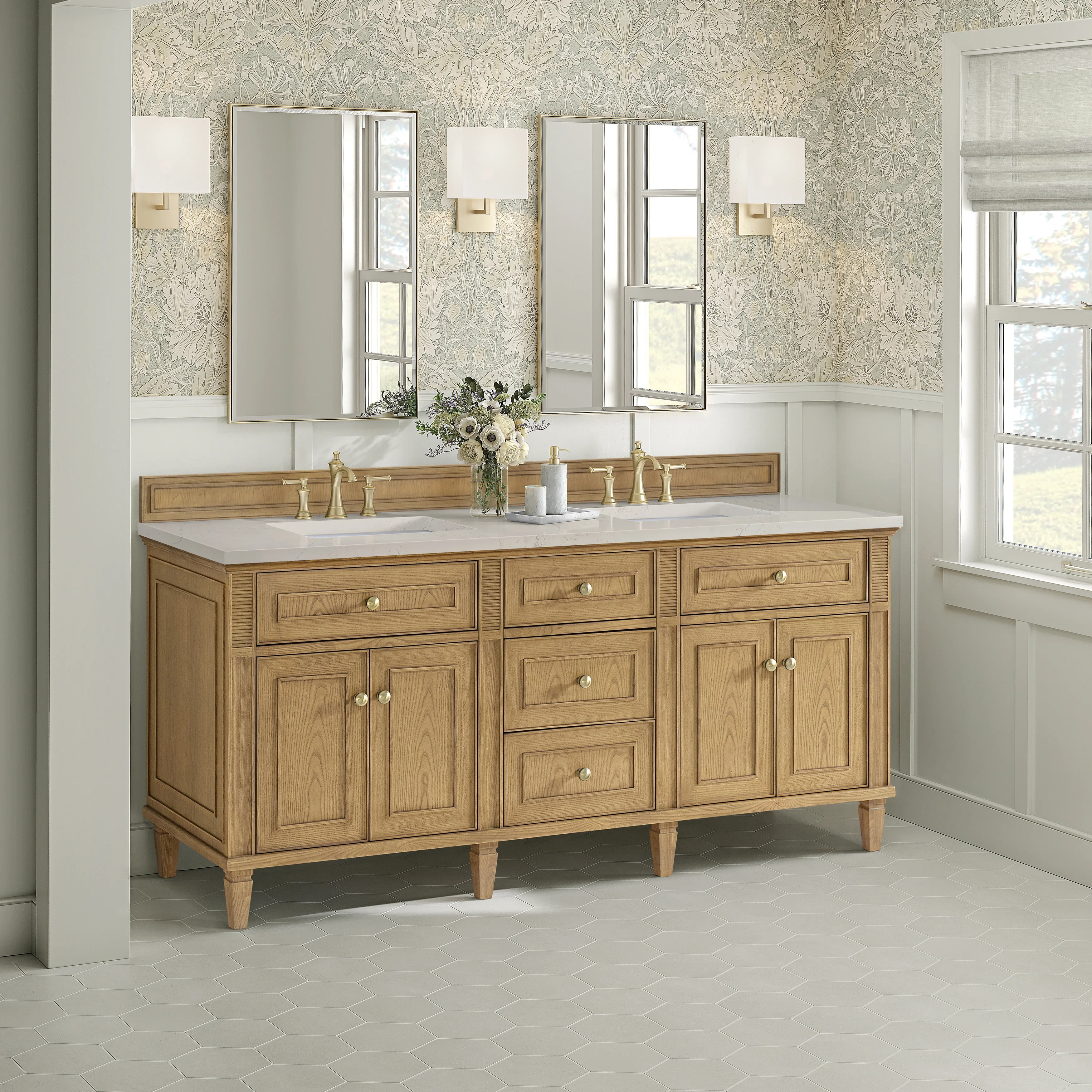 Lorelai 72" Double Vanity, Light Natural Oak, w/ 3 CM Siberian Silestone Top