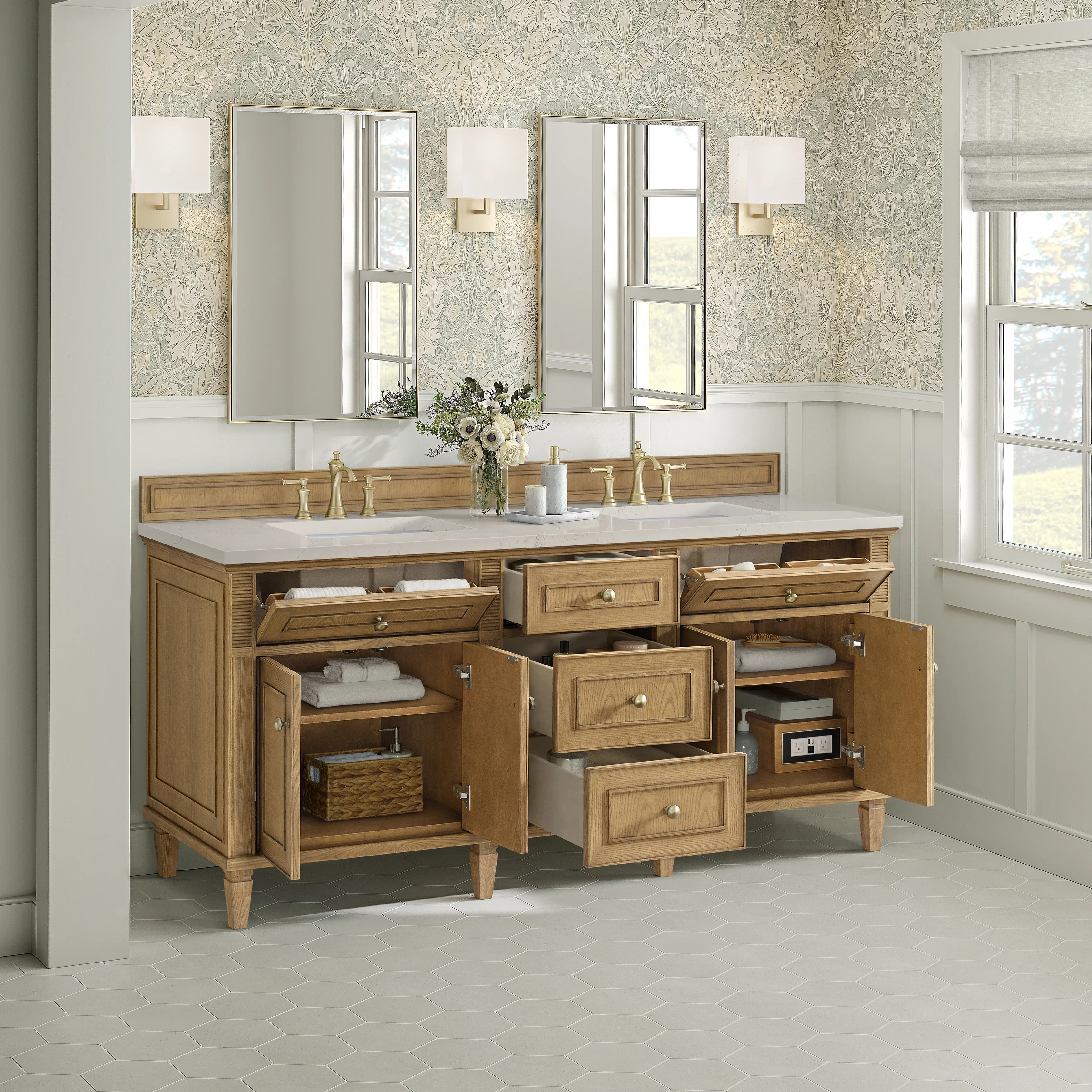 Lorelai 72" Double Vanity, Light Natural Oak, w/ 3 CM Siberian Silestone Top