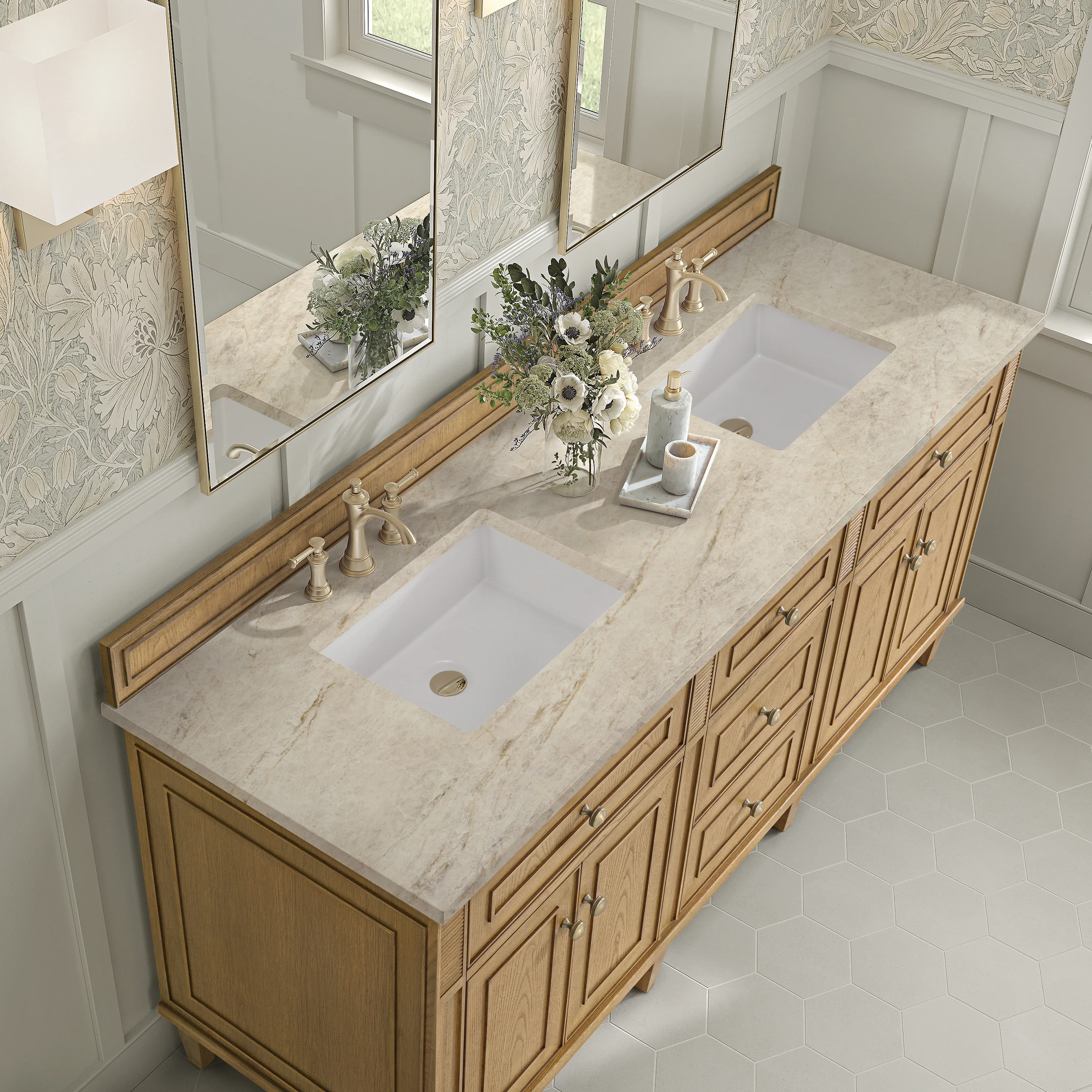 Lorelai 72" Double Vanity, Light Natural Oak, w/ 3 CM Tajnar Eclos Top