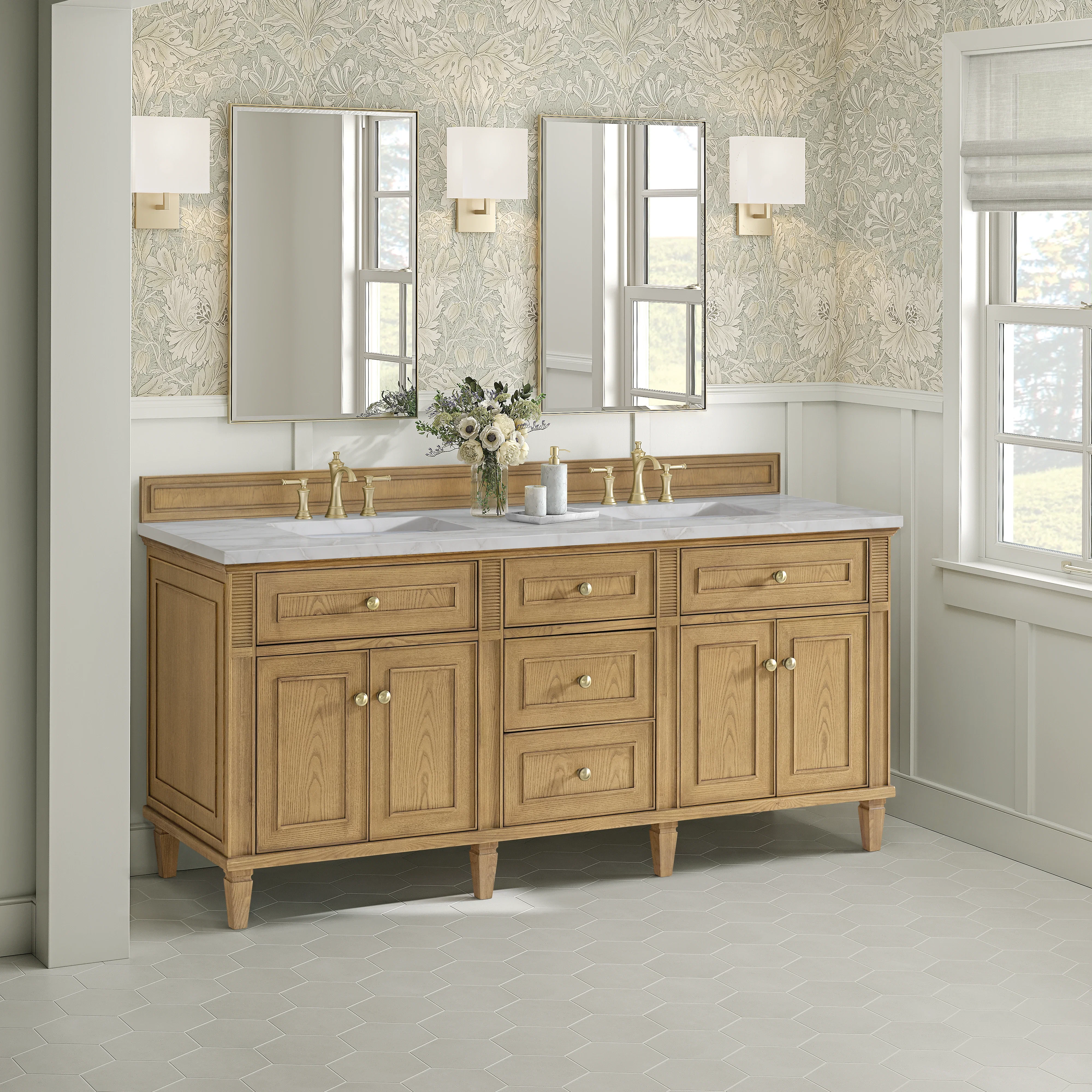 Lorelai 72" Double Vanity, Light Natural Oak w/ 3 CM Victorian Silver Silestone Top