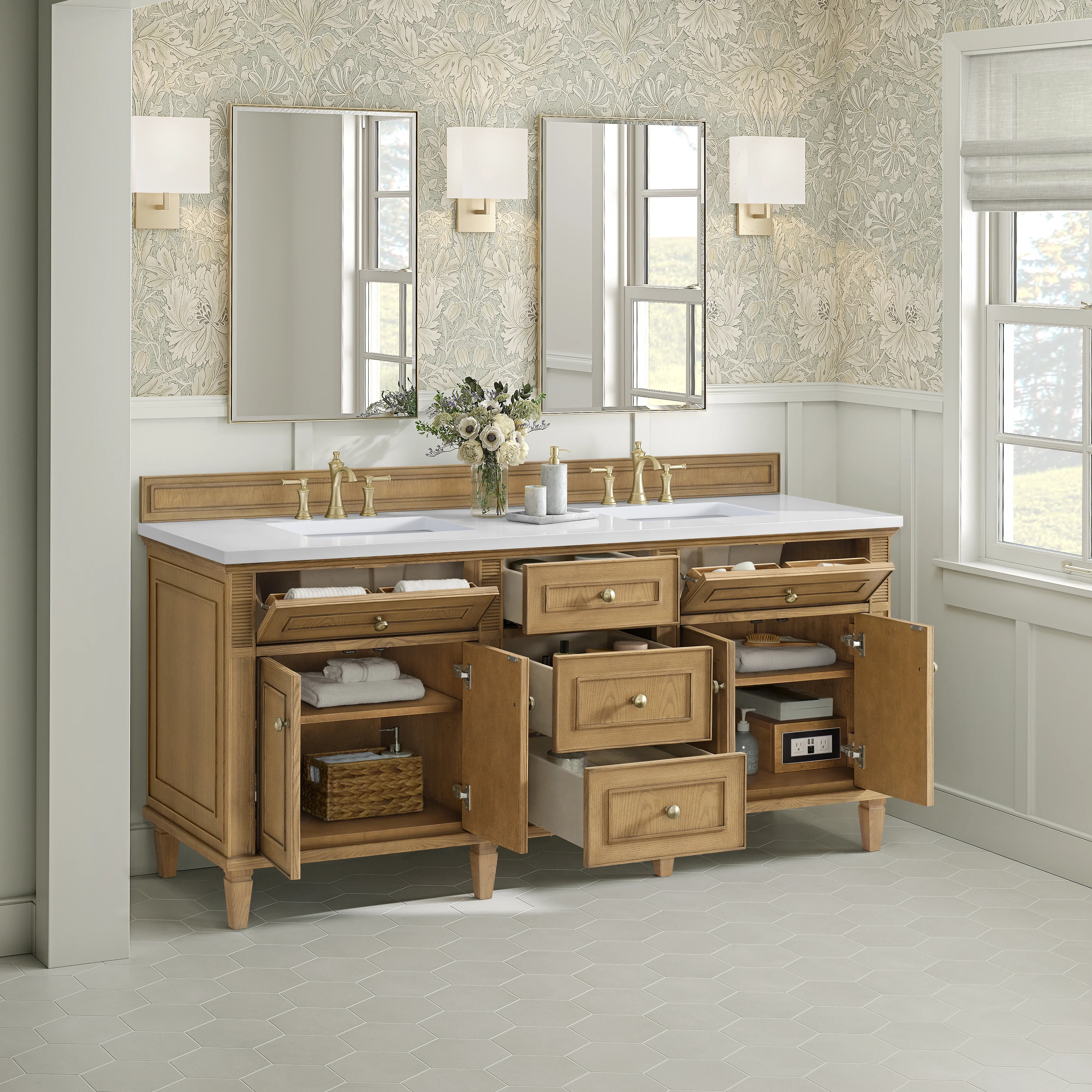 Lorelai 72" Double Vanity, Light Natural Oak w/ 3 CM White Zeus Silestone Top
