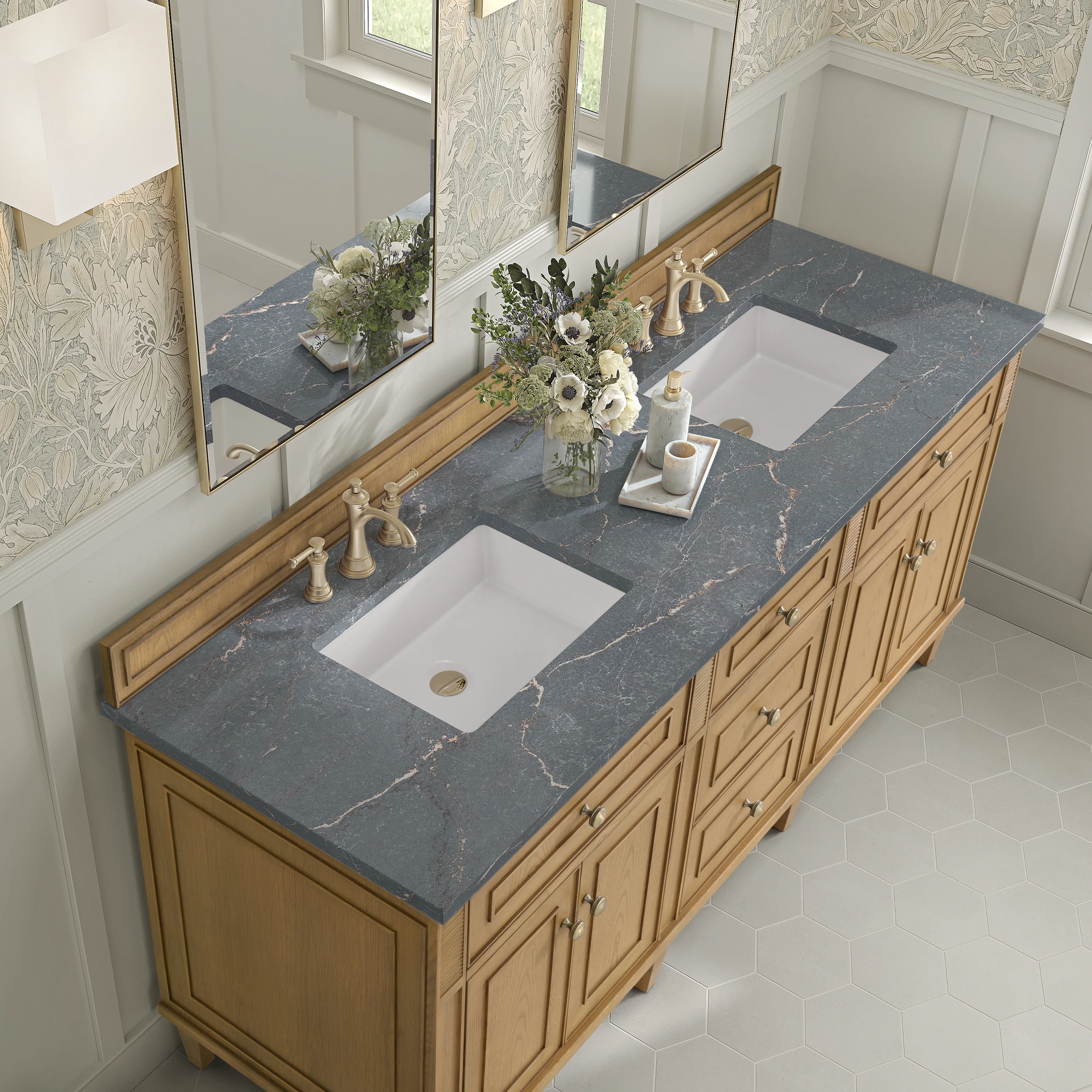 Lorelai 72" Double Vanity, Light Natural Oak w/ 3 CM White Zeus Silestone Top
