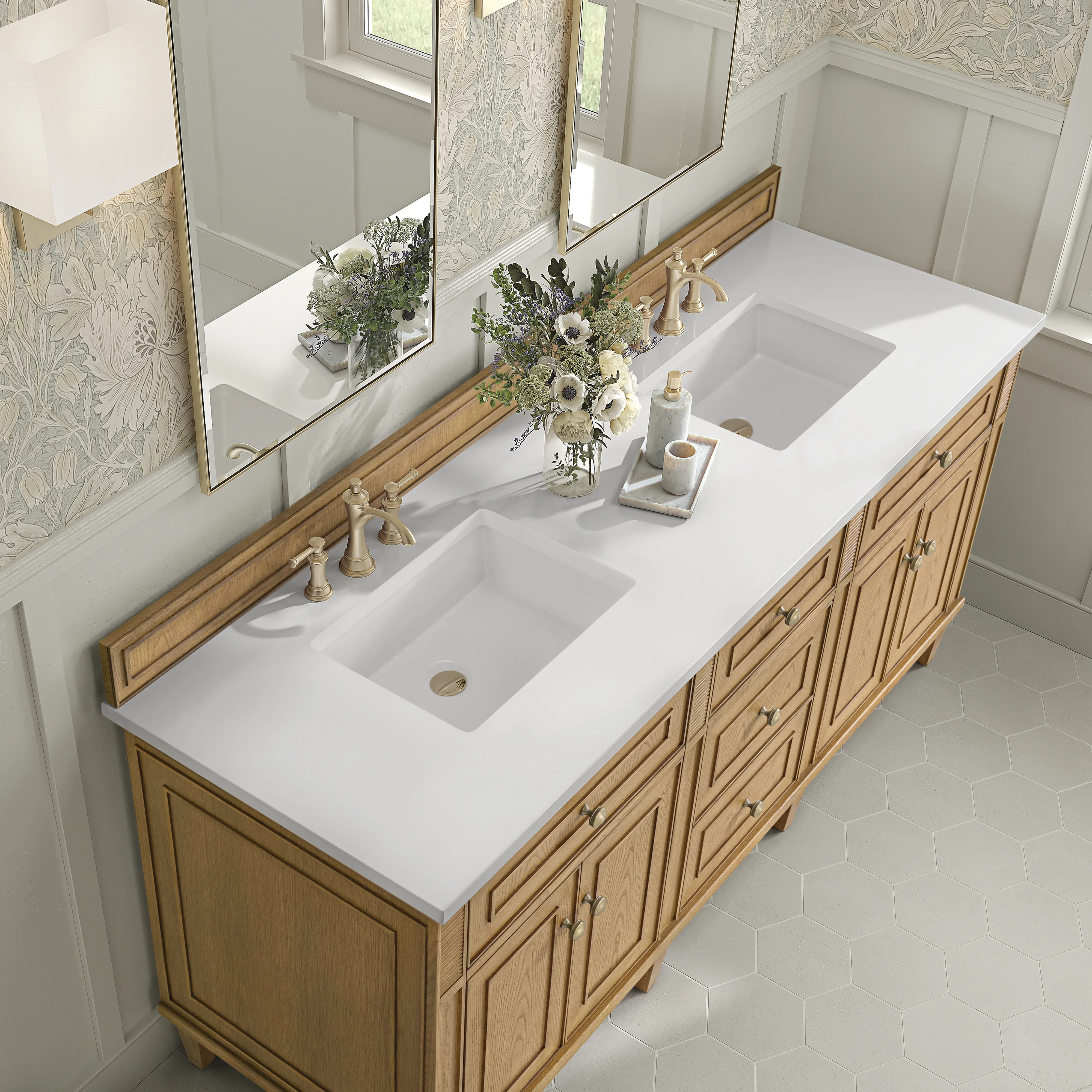 Lorelai 72" Double Vanity, Light Natural Oak w/ 3 CM White Zeus Silestone Top