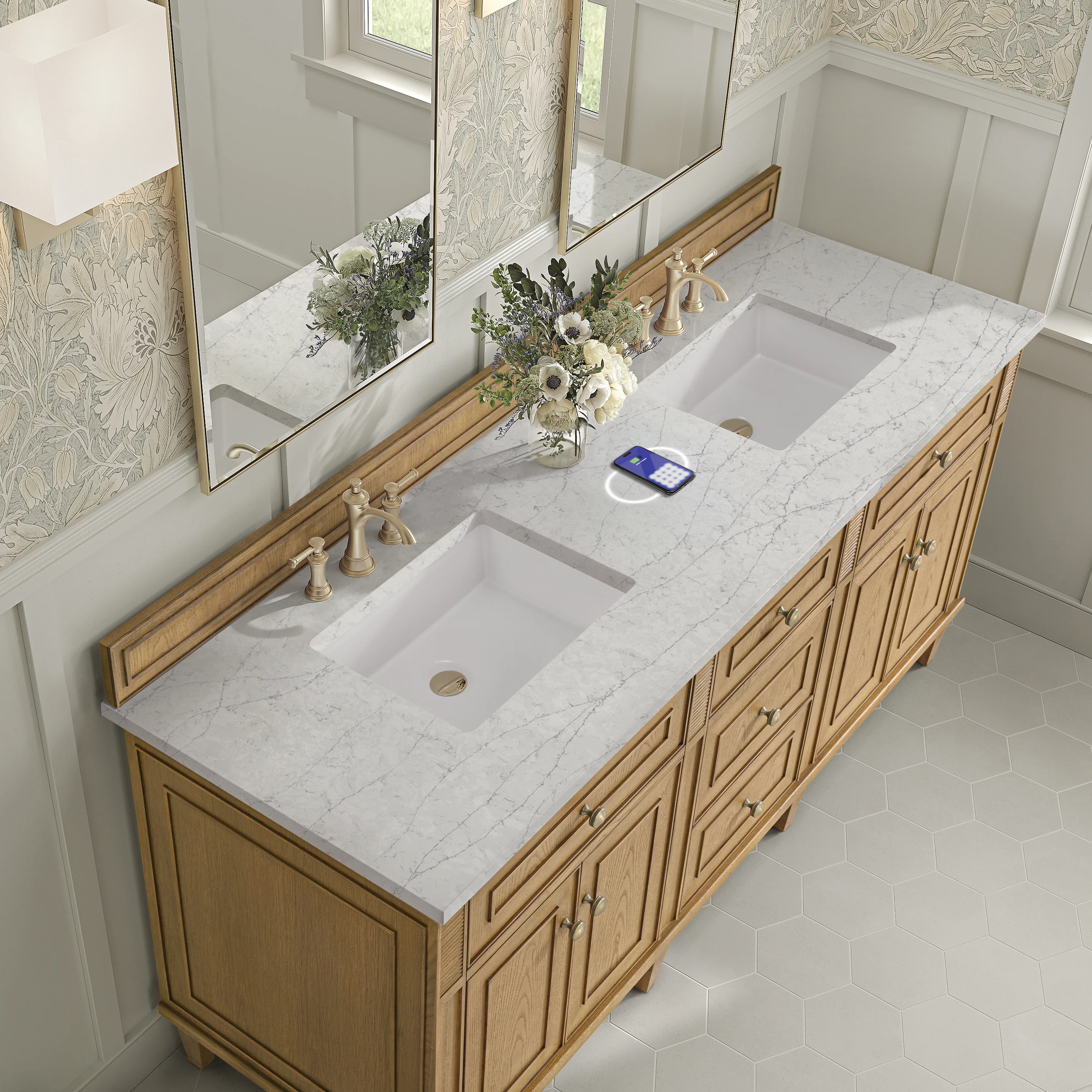 Lorelai 72" Double Vanity, Light Natural Oak w/ 3 CM Eternal Jasmine Pearl Silestone Top w/FreePower Wireless Charger